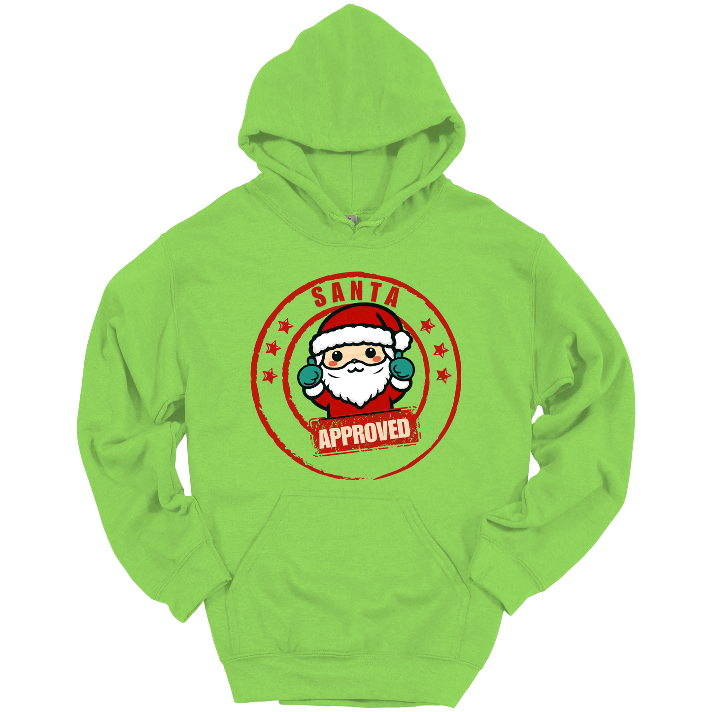 Green Christmas hoodie with a Santa Claus graphic and 'Approved' text.