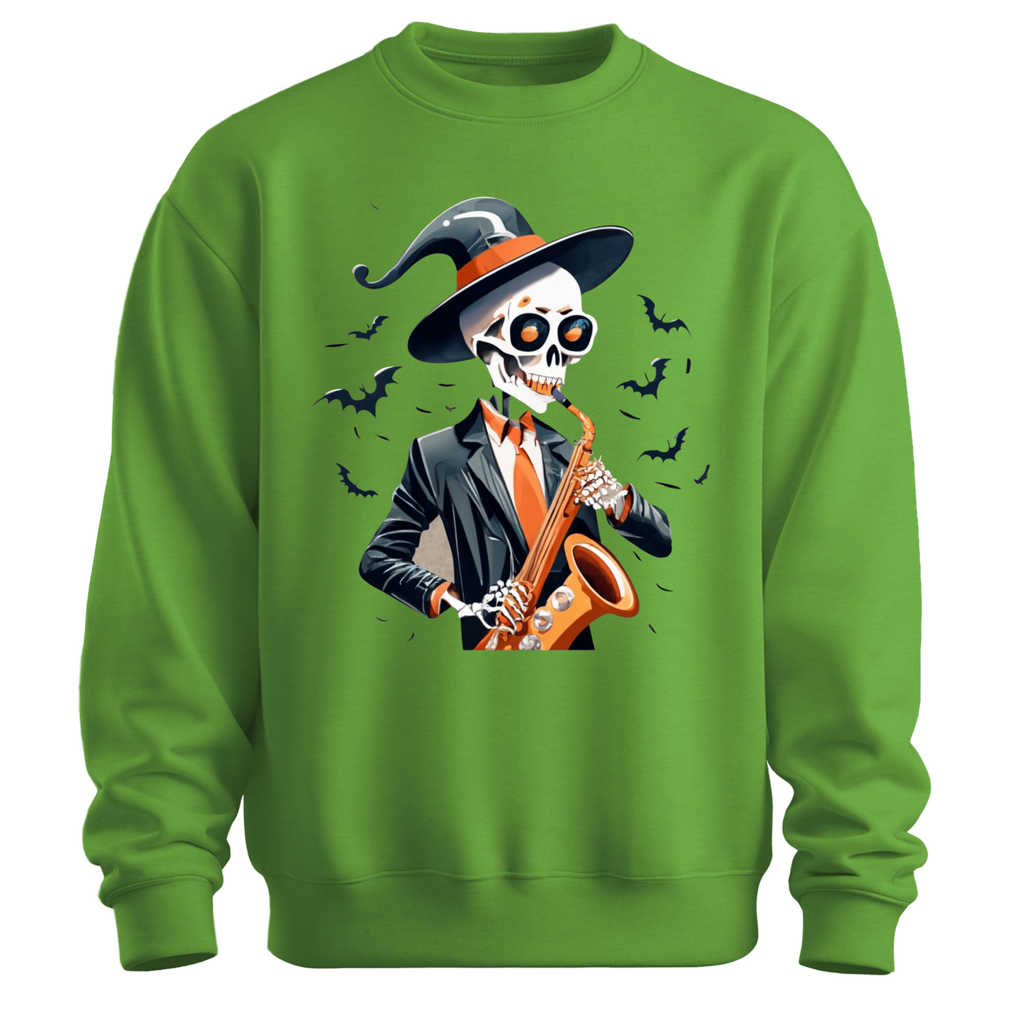 Green halloween sweatshirt with a skeleton playing a saxophone and wearing a witch hat, surrounded by bats.