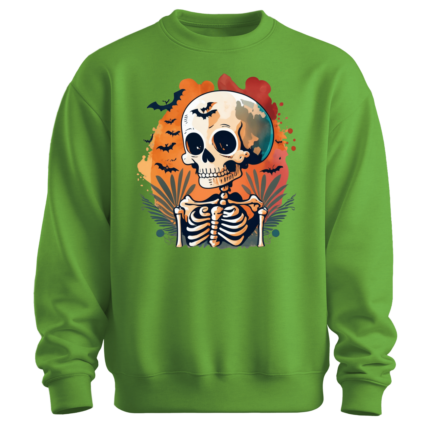 Green sweatshirt with a Halloween-themed design featuring a skeleton and skull surrounded with bats.