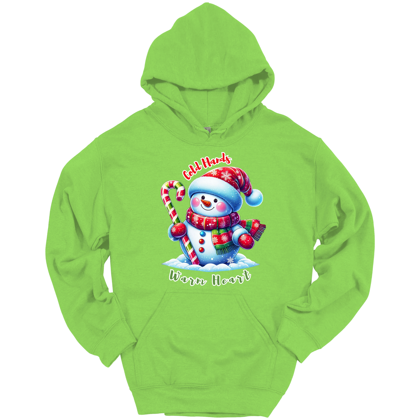 Green Christmas hoodie with a snowman graphic with a text "Cold Hands Warm Hearts"