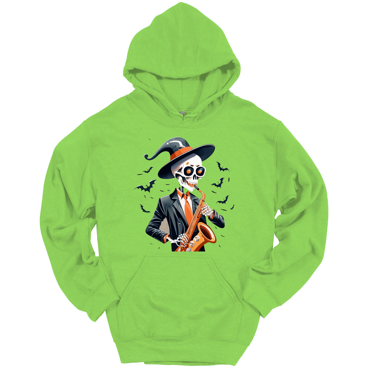 Green halloween hoodie with a skeleton playing a saxophone and wearing a witch hat, surrounded by bats.