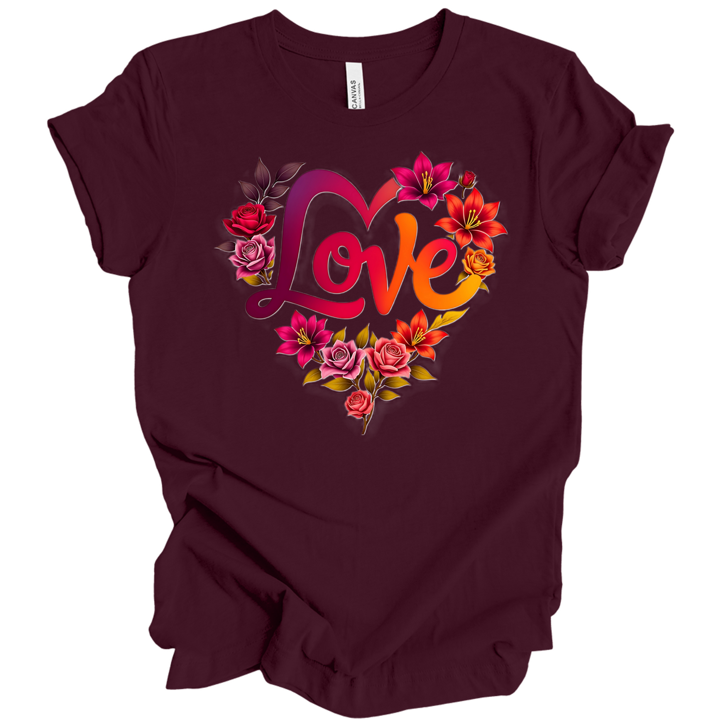 Maroon colour valentines day t-shirt with the a design of 'Love' wording and surrounded floral design, front printed.