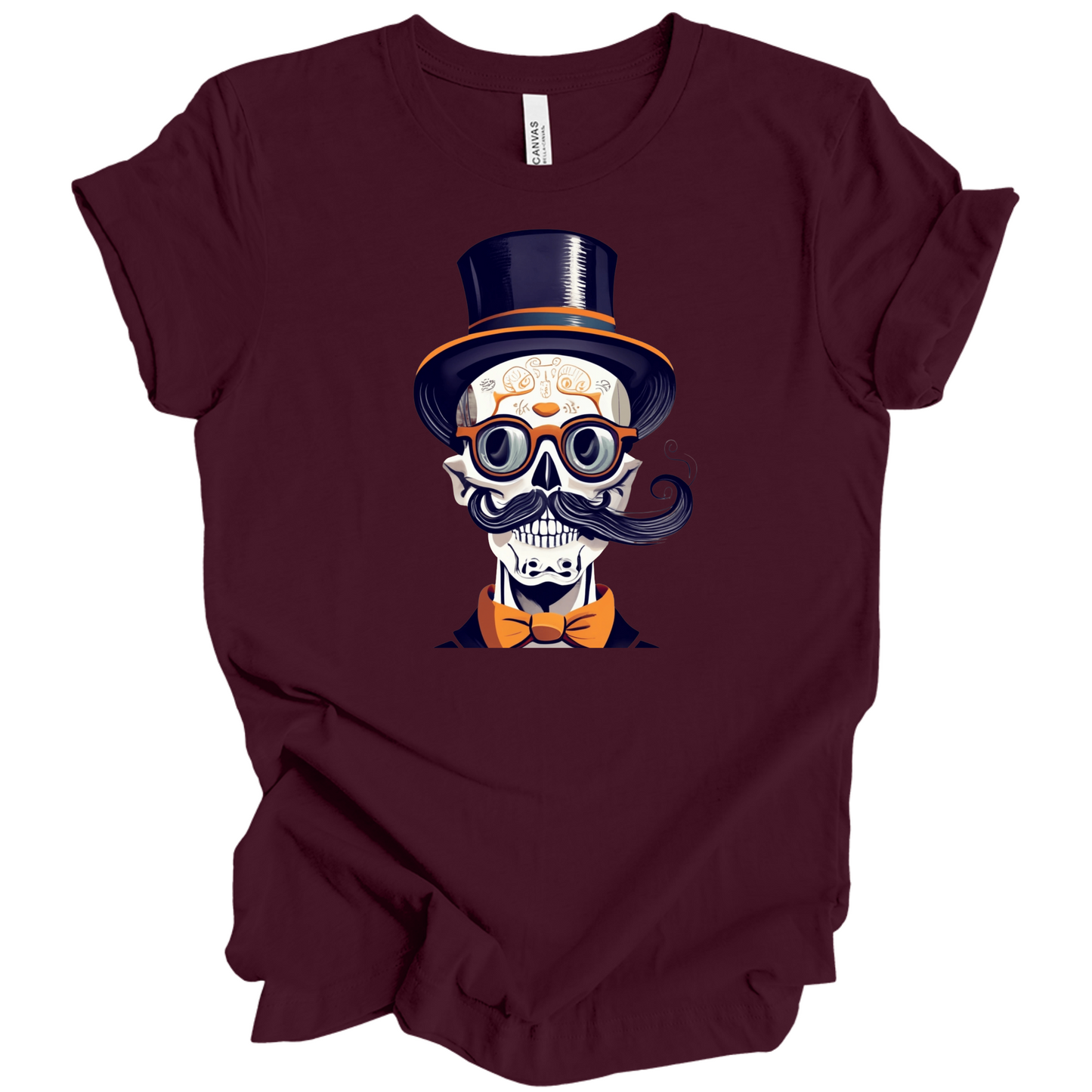 Maroon halloween t-shirt with a skull wearing a top hat, glasses, and bow tie.