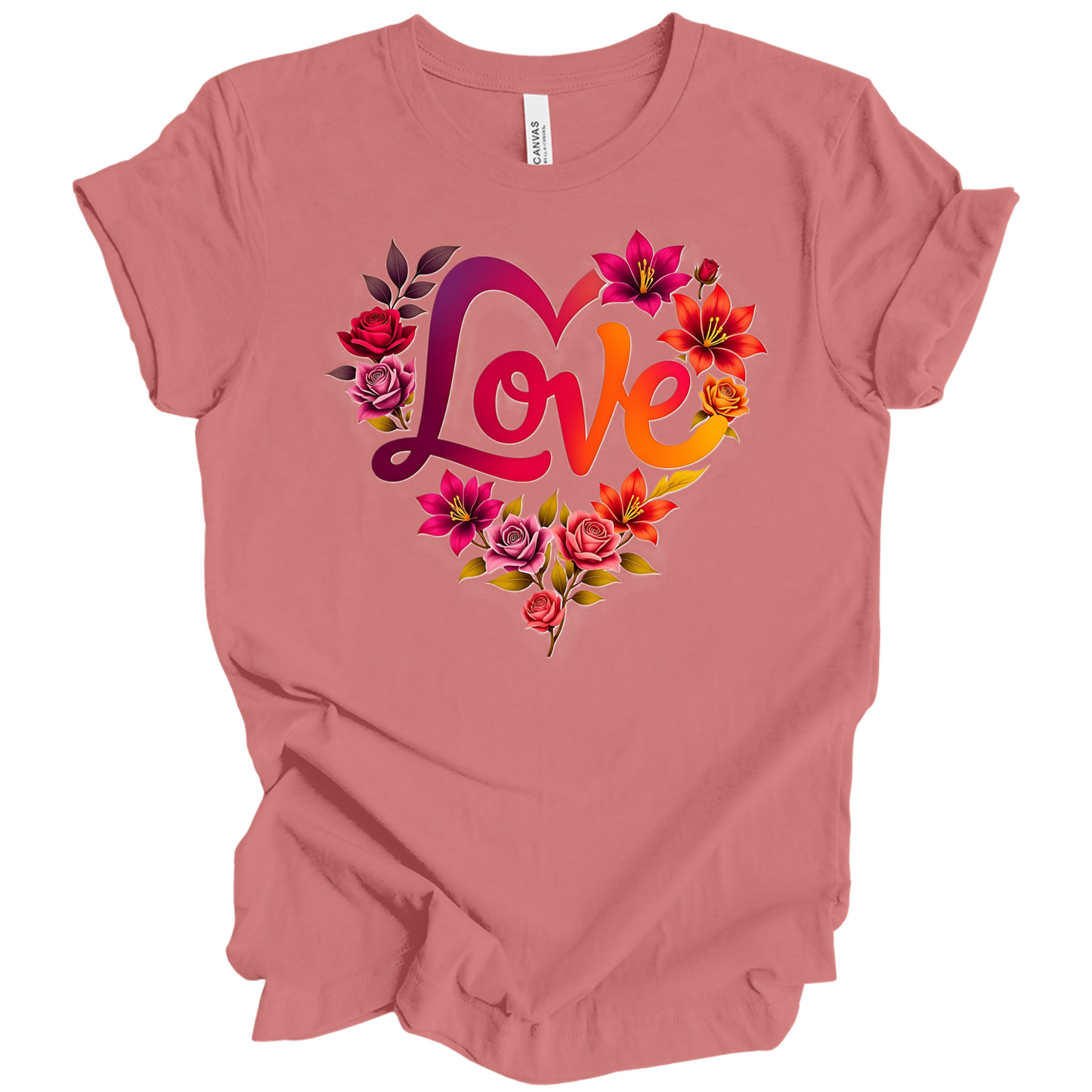 Mauve colour valentines day t-shirt with the a design of 'Love' wording and surrounded floral design, front printed.