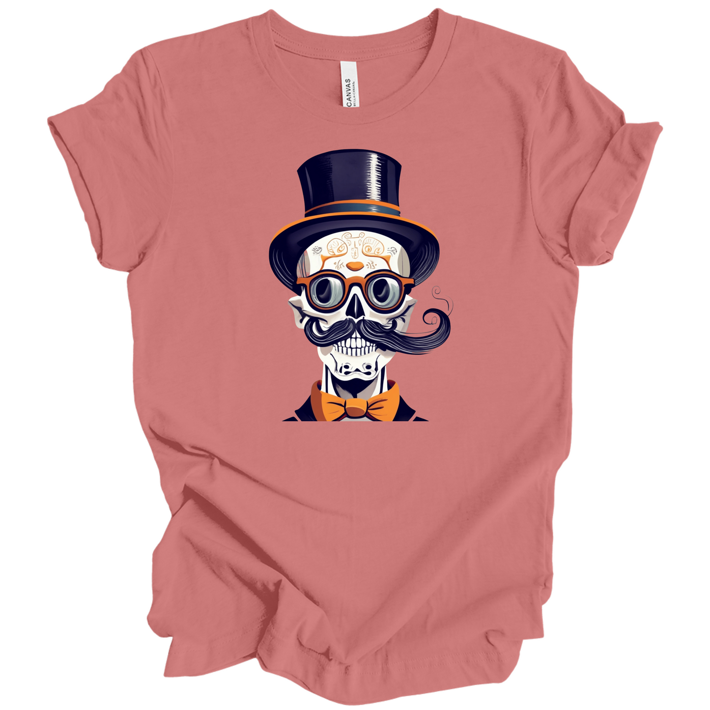 Pink halloween t-shirt with a skull wearing a top hat, glasses, and bow tie.