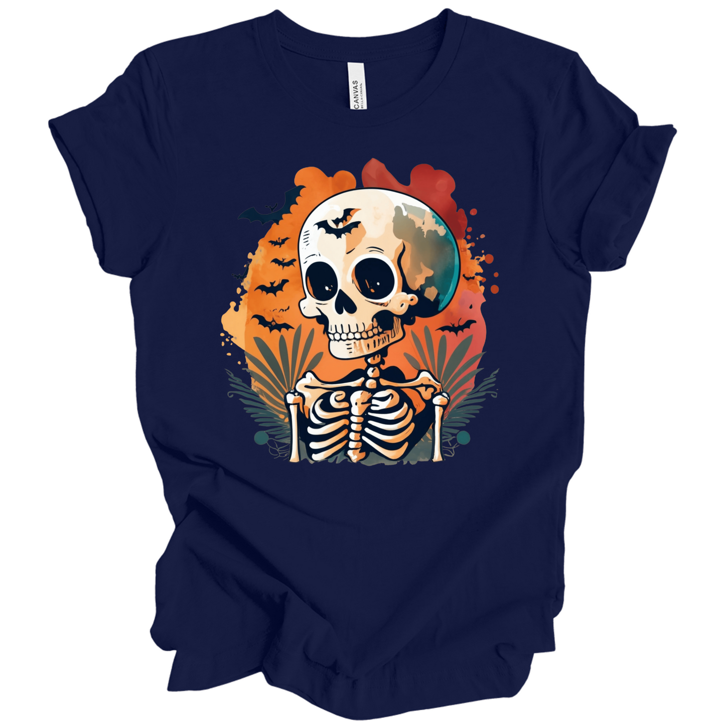 Navy blue t-shirt with a Halloween-themed design featuring a skeleton and skull surrounded with bats.