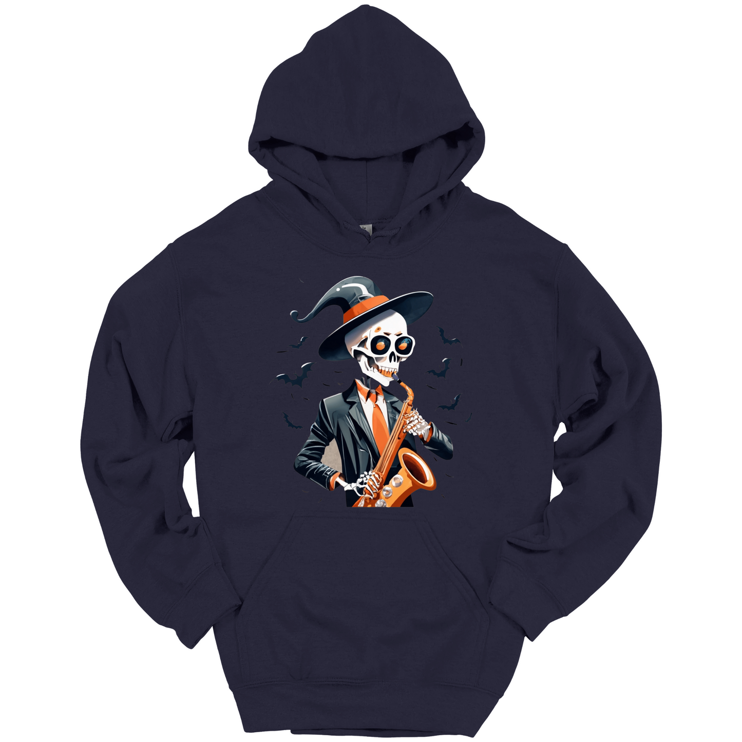 Navy blue halloween hoodie with a skeleton playing a saxophone and wearing a witch hat, surrounded by bats.