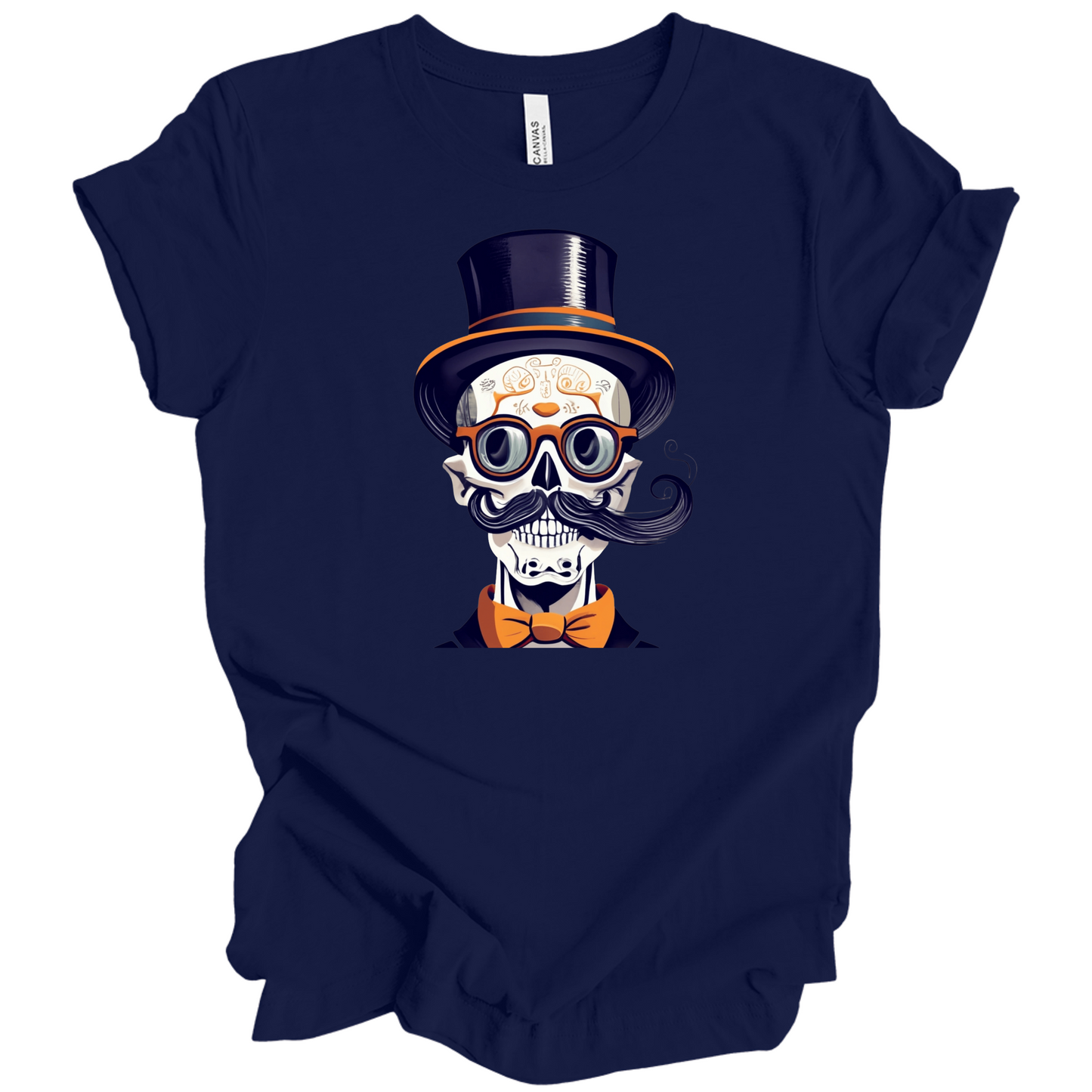 Navy blue halloween t-shirt with a skull wearing a top hat, glasses, and bow tie.