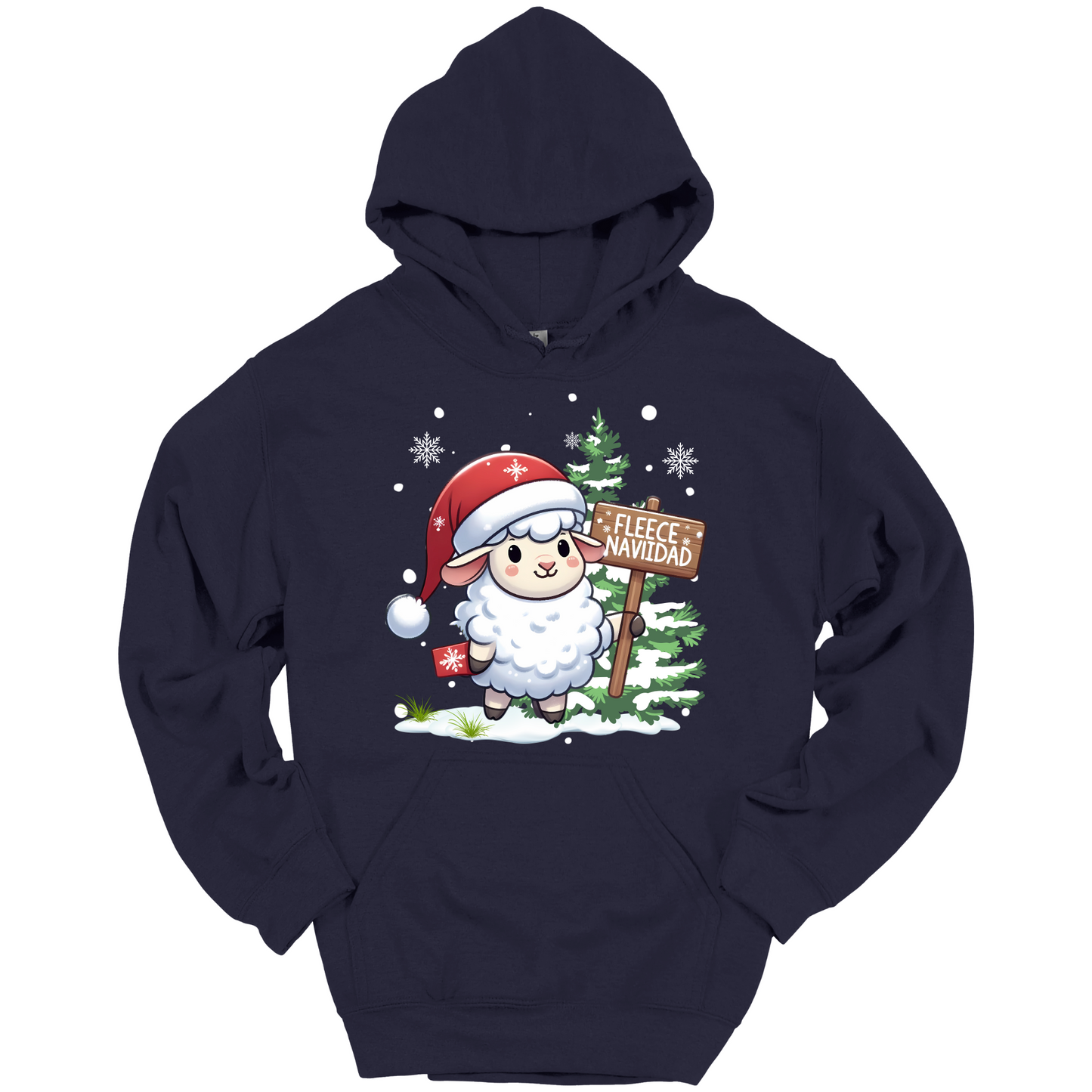 Navy blue Christmas hoodie with a Christmas-themed design featuring a sheep in a Santa hat and a sign.