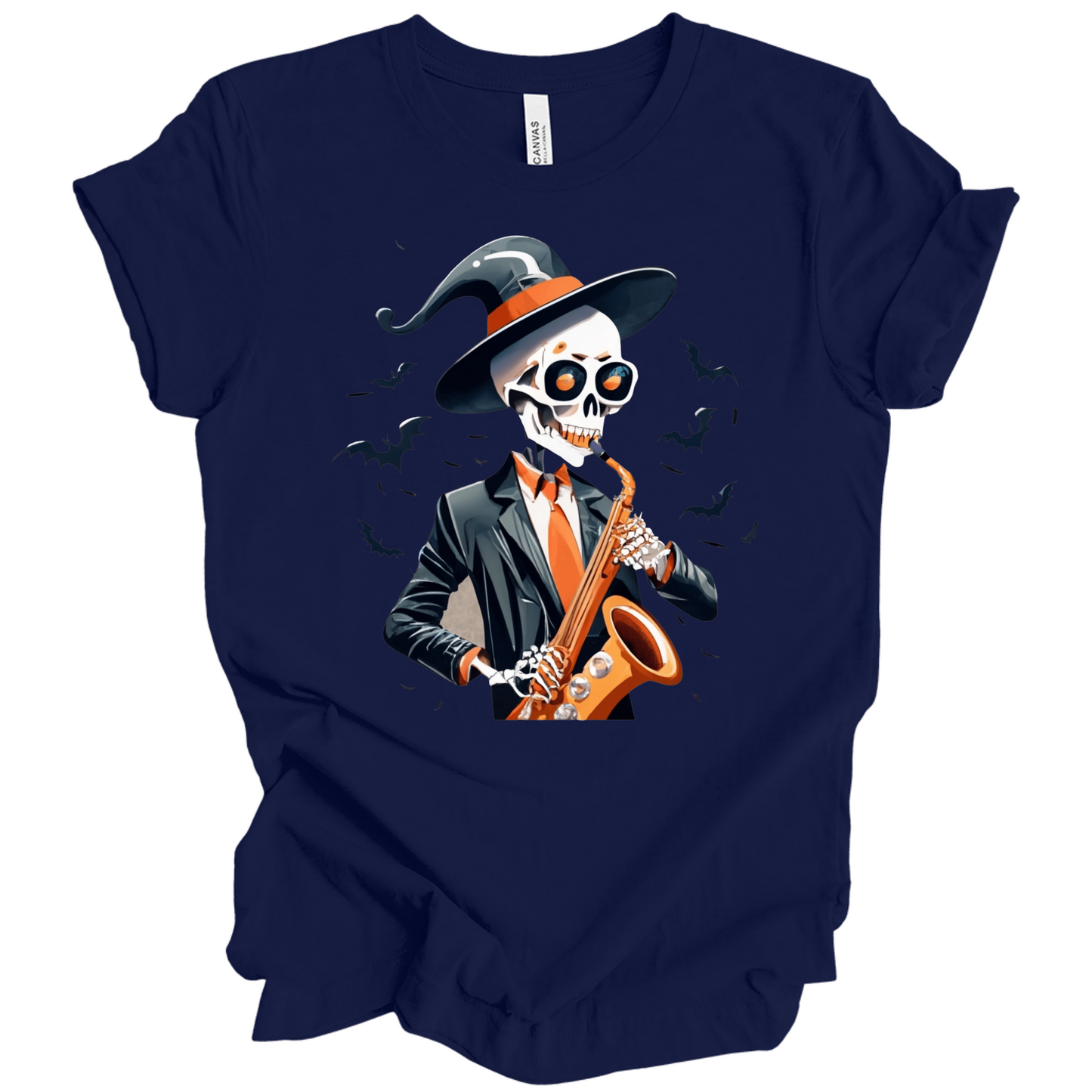 Blue halloween t-shirt with a skeleton playing a saxophone and wearing a witch hat, surrounded by bats.