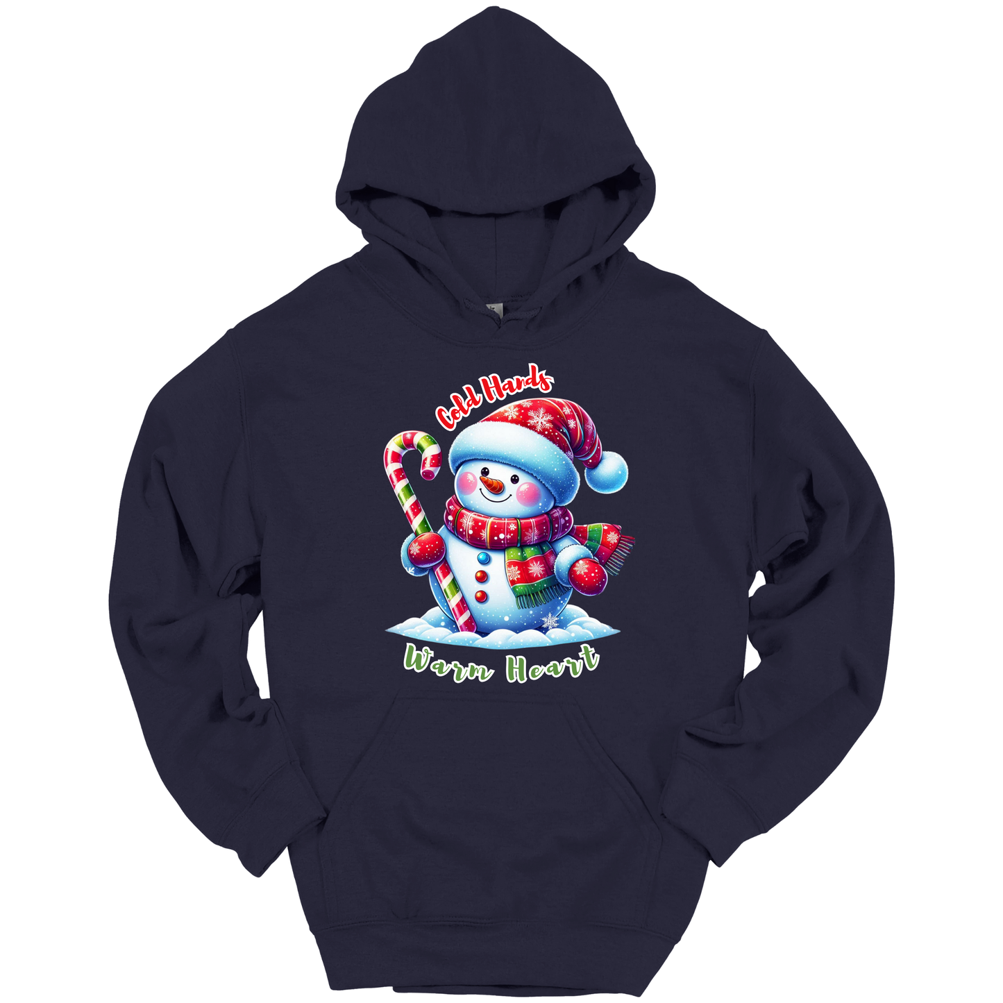 Navy blue Christmas hoodie with a snowman graphic with a text "Cold Hands Warm Hearts"