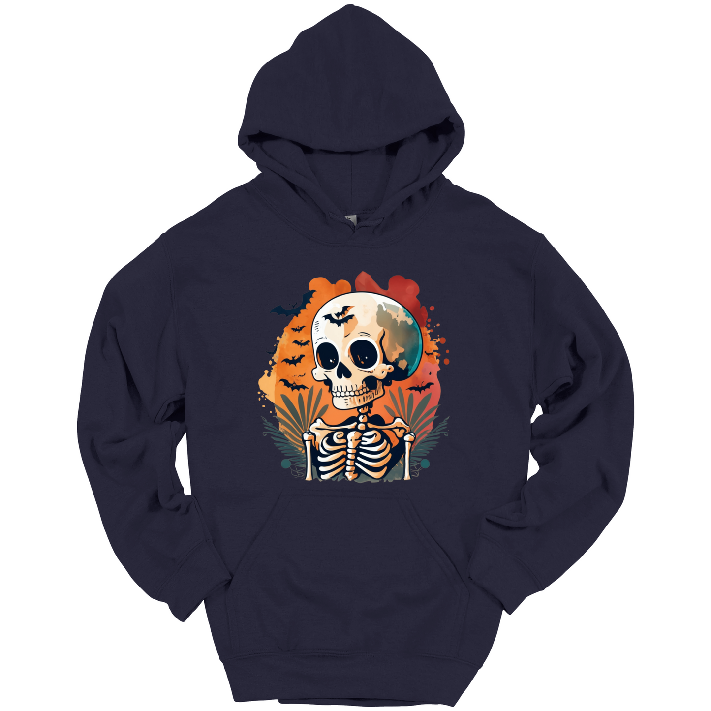 Navy blue hoodie with a Halloween-themed design featuring a skull and skeleton surrounded with bats.