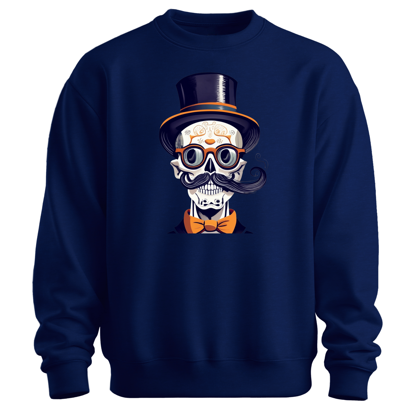Navy blue halloween sweatshirt with a skull wearing a top hat, glasses and a bow tie.