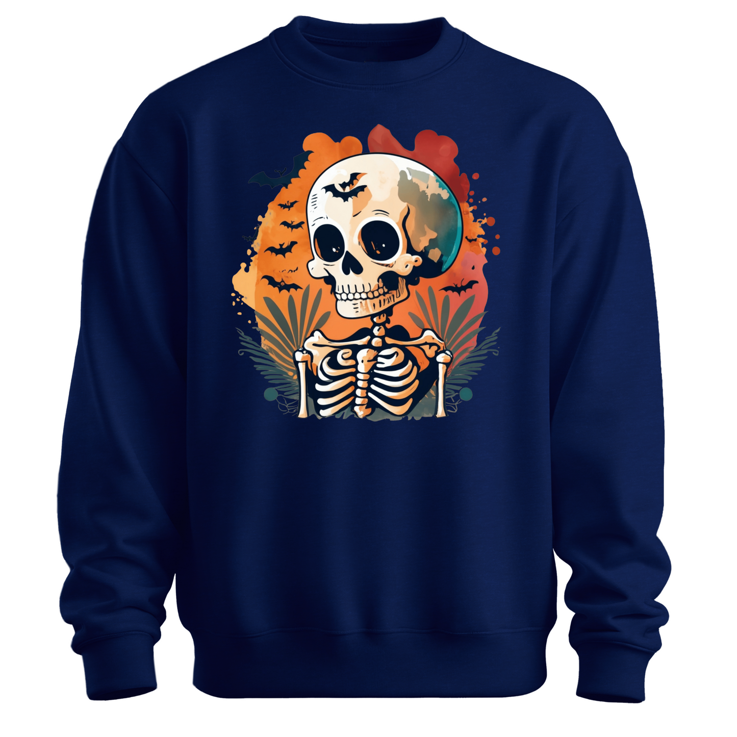 Navy blue sweatshirt with a Halloween-themed design featuring a skeleton and skull surrounded with bats.