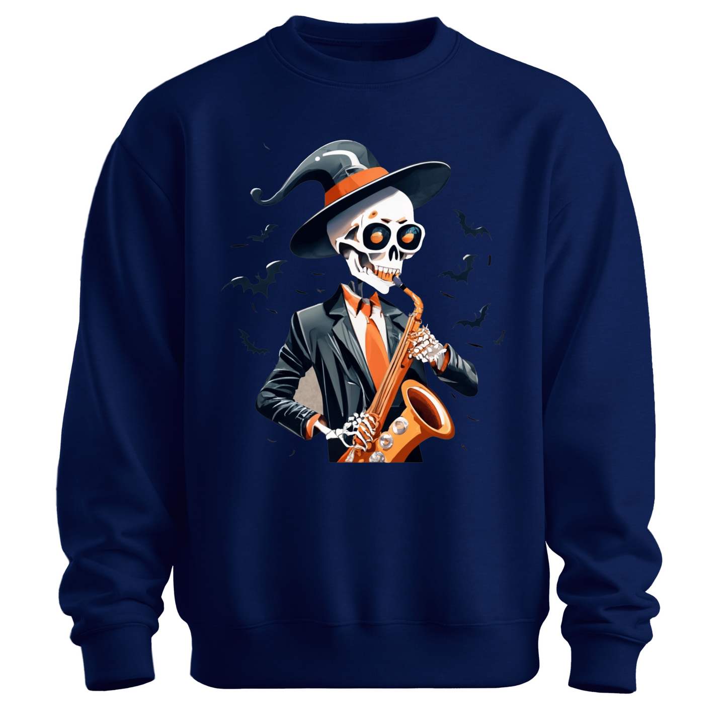 Navy blue halloween sweatshirt with a skeleton playing a saxophone and wearing a witch hat, surrounded by bats.