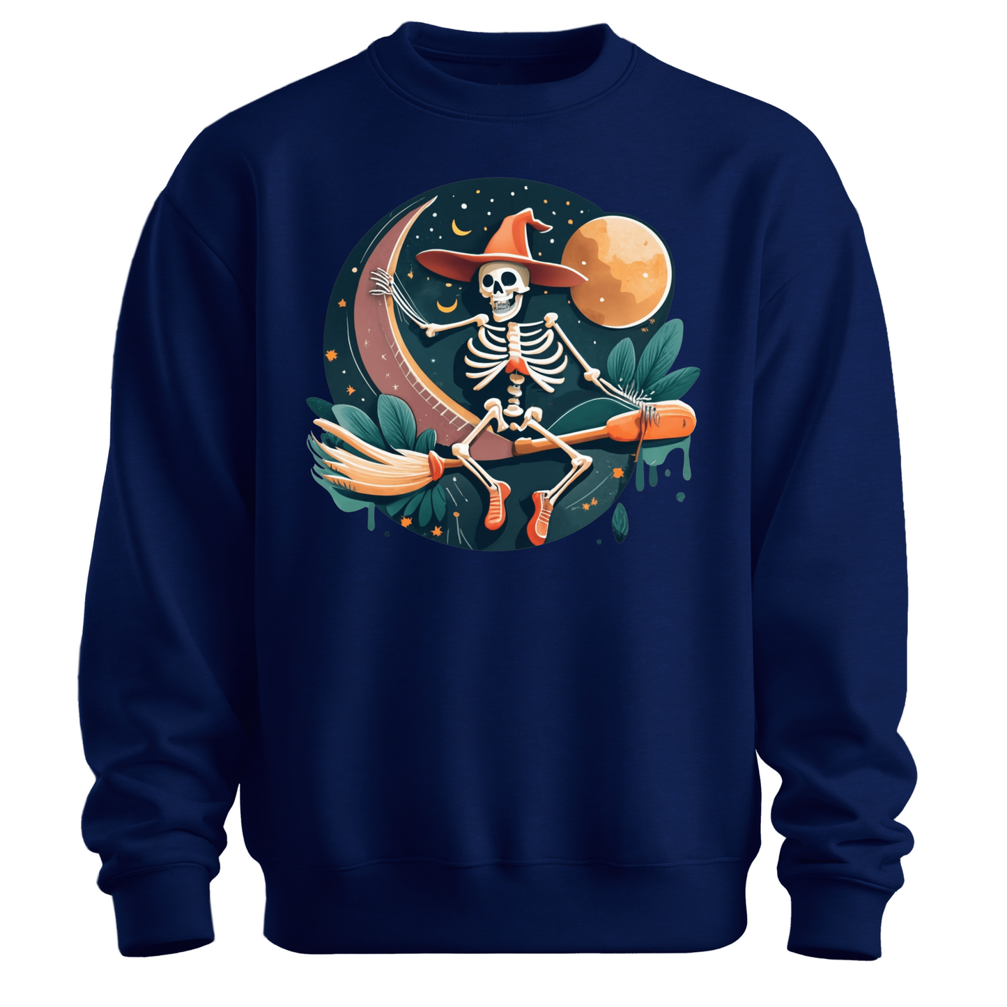 Navy blue halloween sweatshirt with a skeleton on a broomstick wearing a witch hat in the night time.