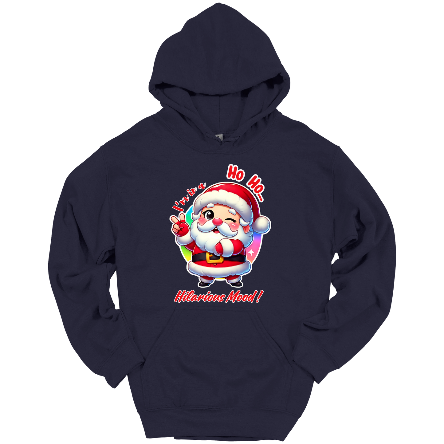 Navy blue Christmas hoodie with a cartoon Santa Claus design