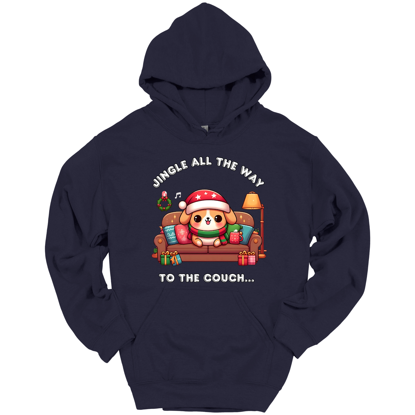 Navy blue hoodie with Christmas-themed design of a dog on a couch and text 'Jingle all the way to the couch'.