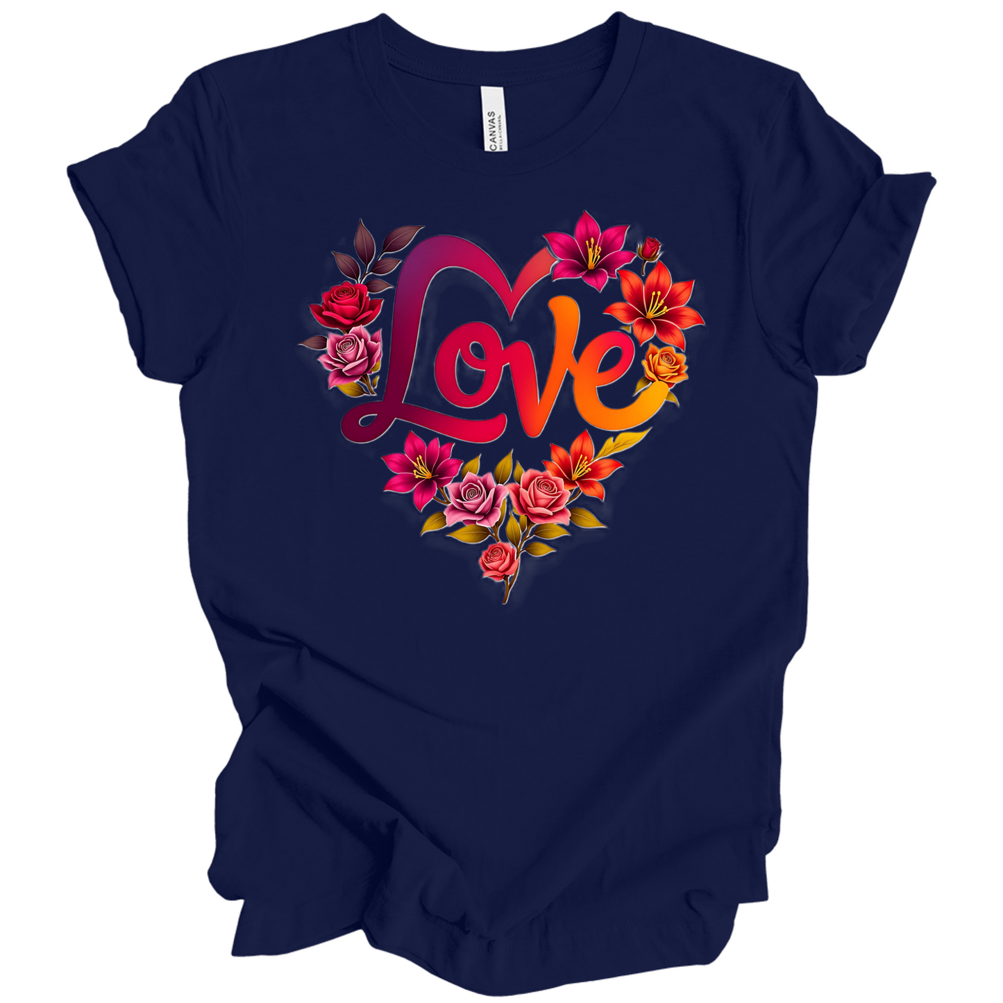 Navy Blue colour valentines day t-shirt with the a design of 'Love' wording and surrounded floral design, front printed.