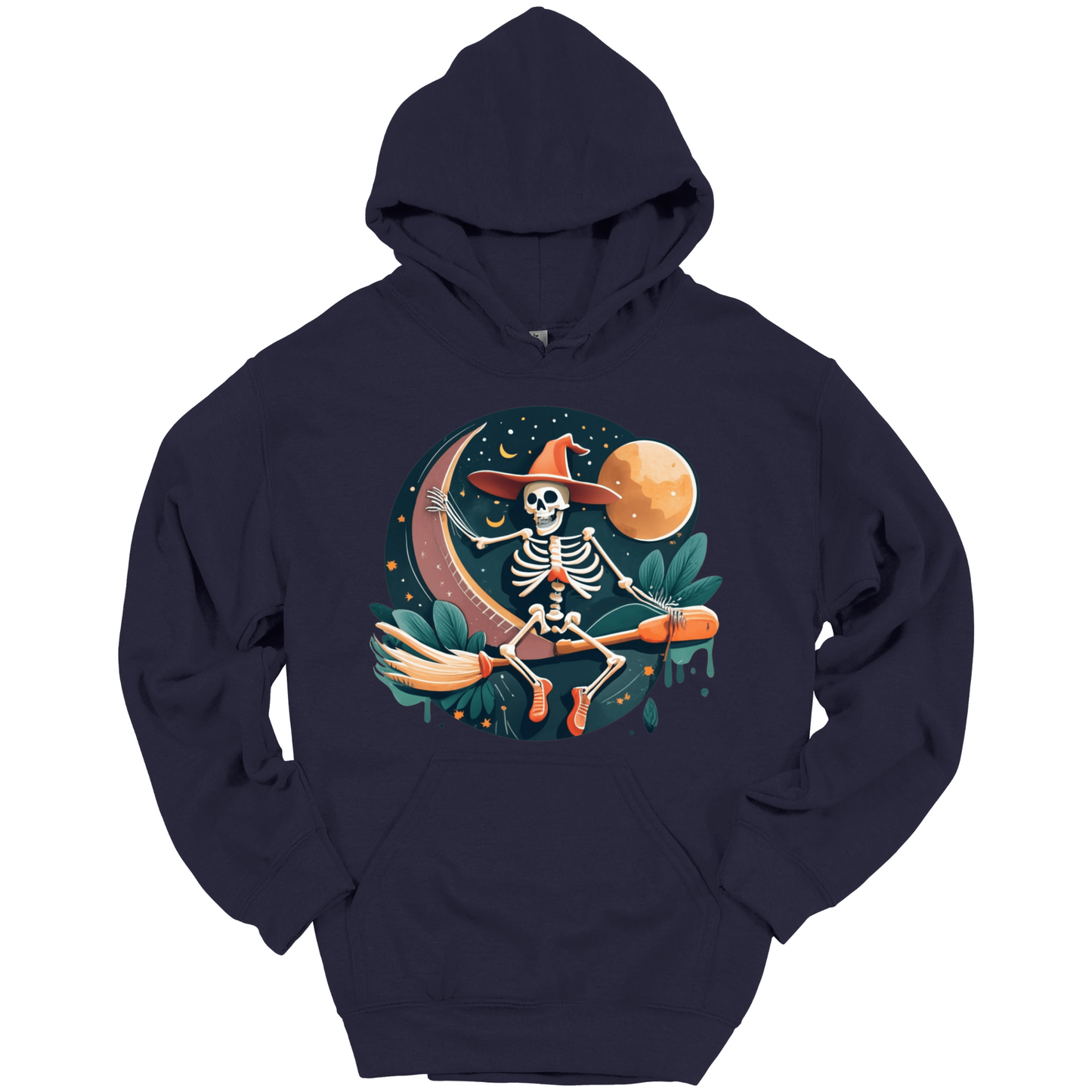 Navy blue halloween hoodie with a skeleton on a broomstick wearing a witch hat in the night time.