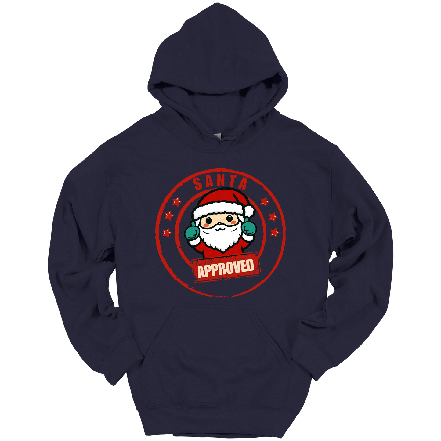 Navy blue Christmas hoodie with a Santa Claus graphic and 'Approved' text.