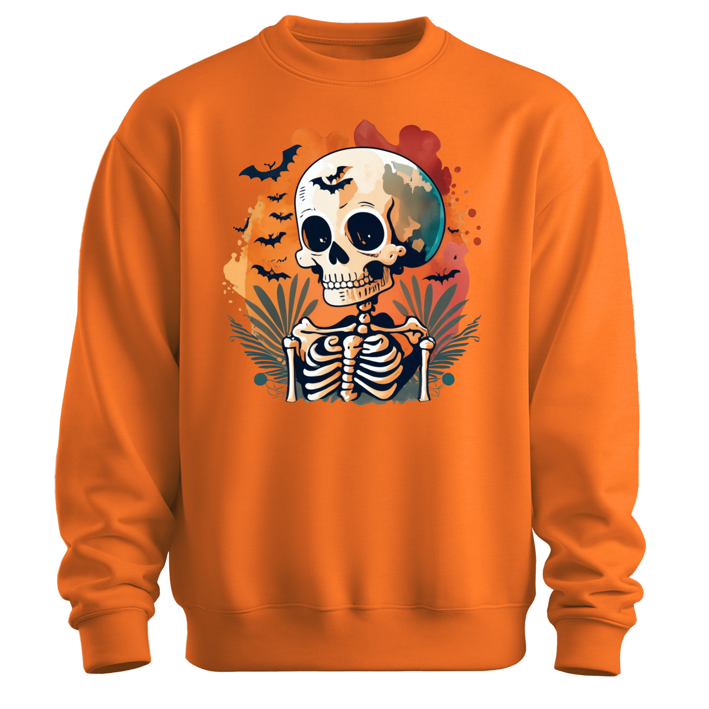 Orange sweatshirt with a Halloween-themed design featuring a skeleton and skull surrounded with bats.
