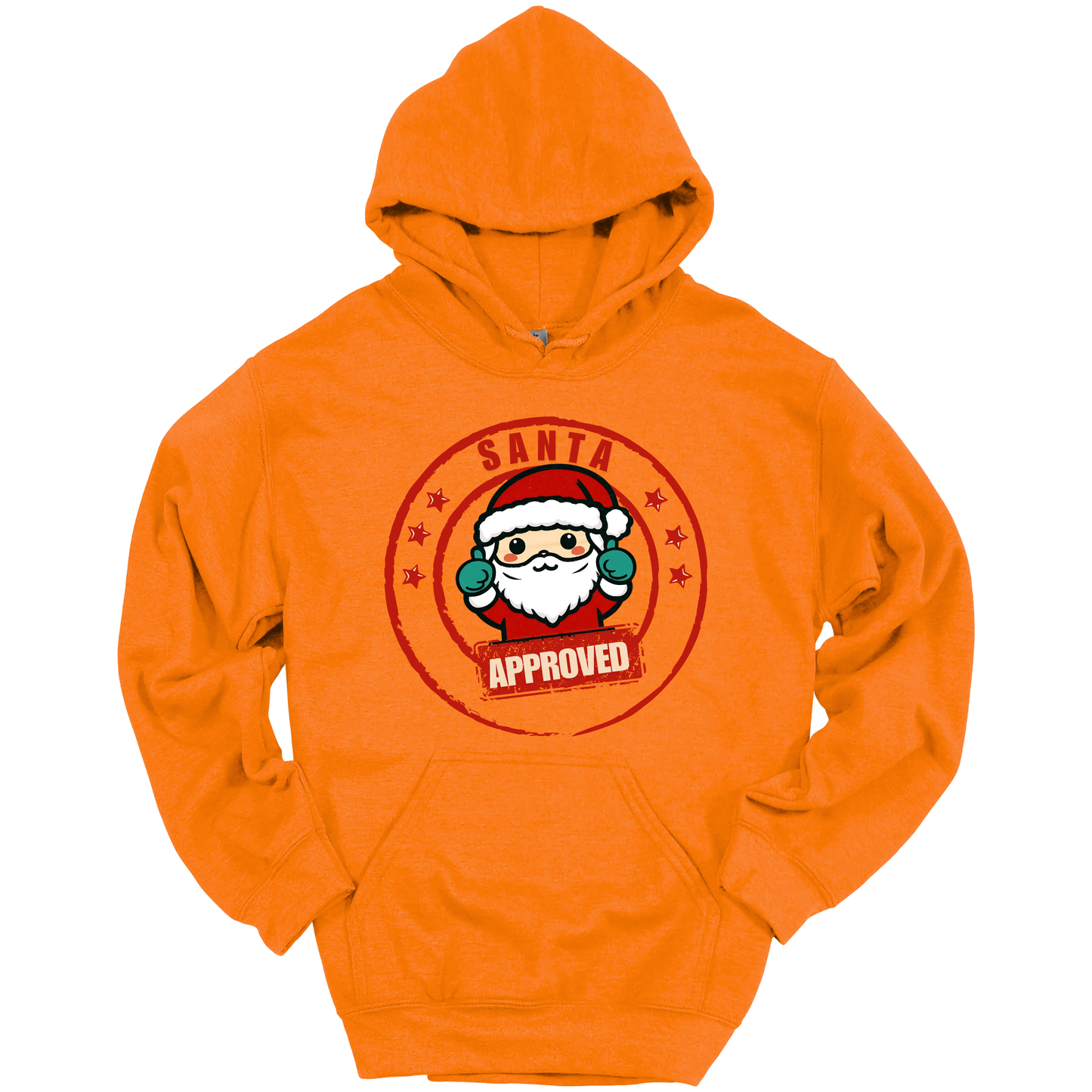 Orange Christmas hoodie with a Santa Claus graphic and 'Approved' text.