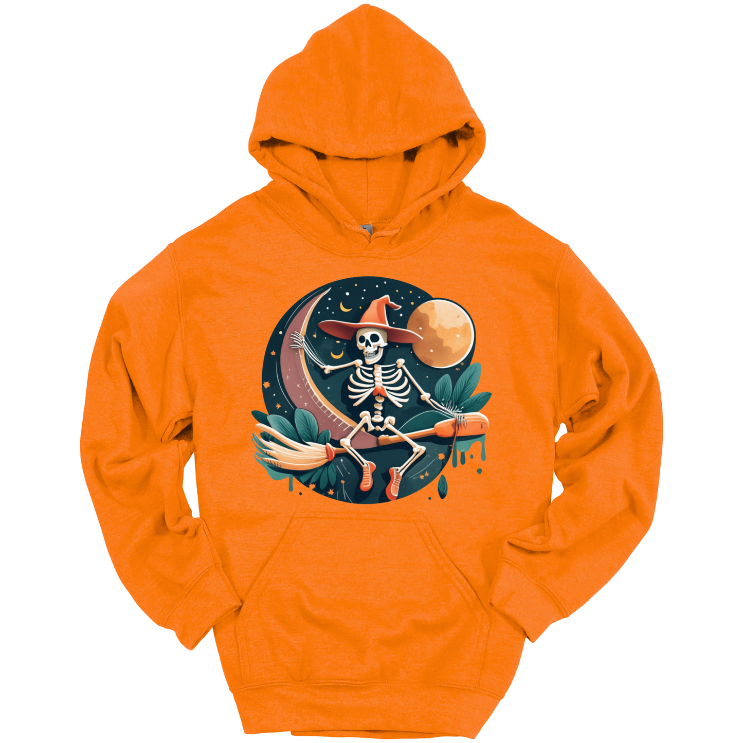Orange halloween hoodie with a skeleton on a broomstick wearing a witch hat in the night time.