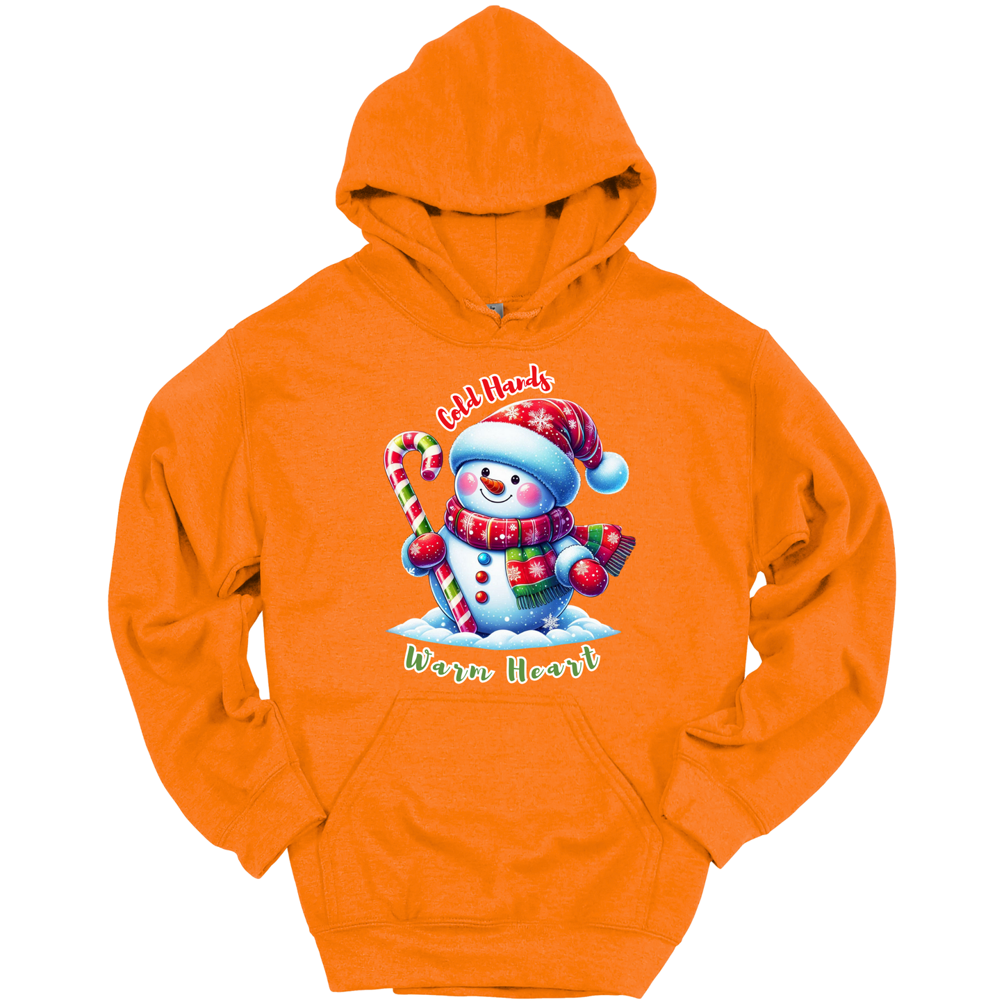 Orange Christmas hoodie with a snowman graphic with a text "Cold Hands Warm Hearts"