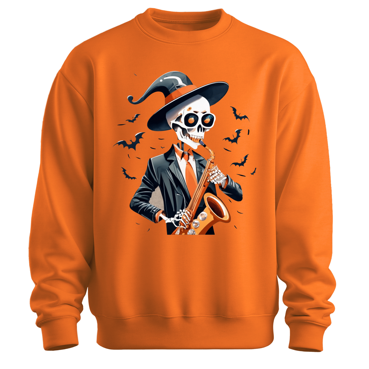 Orange halloween sweatshirt with a skeleton playing a saxophone and wearing a witch hat, surrounded by bats.