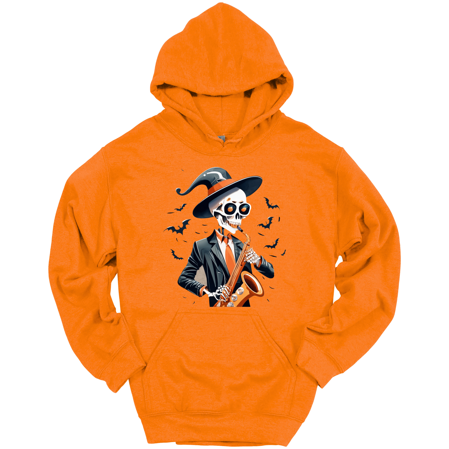 Orange halloween hoodie with a skeleton playing a saxophone and wearing a witch hat, surrounded by bats.