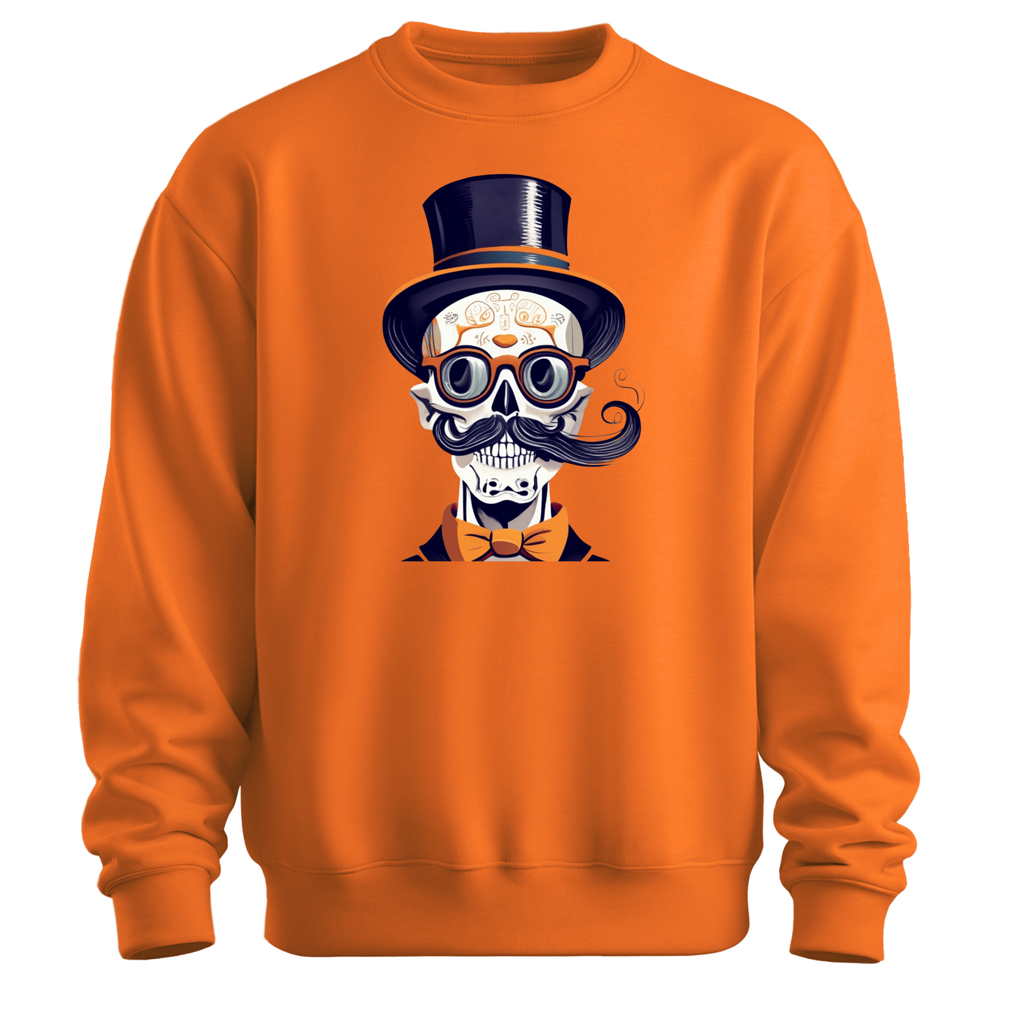 Orange halloween sweatshirt with a skull wearing a top hat, glasses and a bow tie.