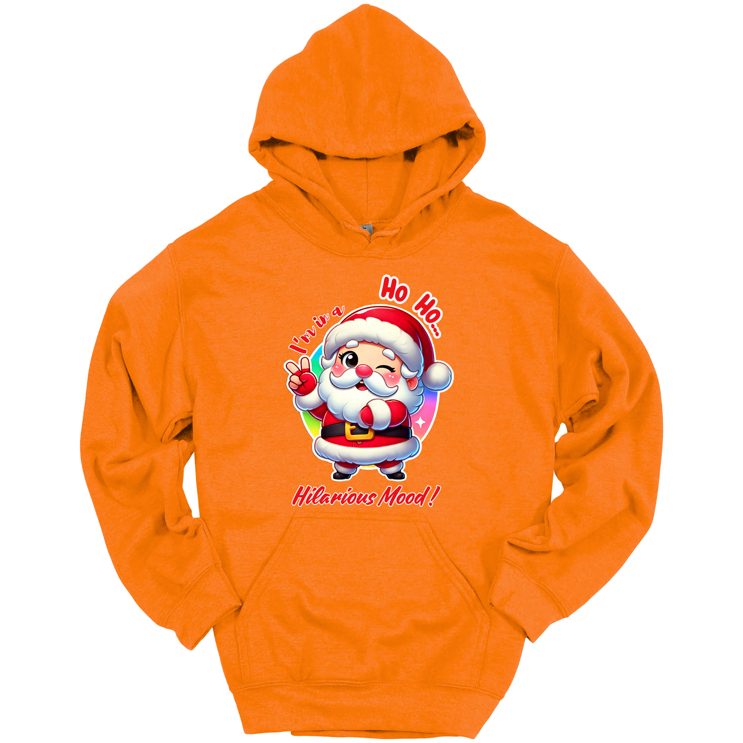 Orange Christmas hoodie with a cartoon Santa Claus design