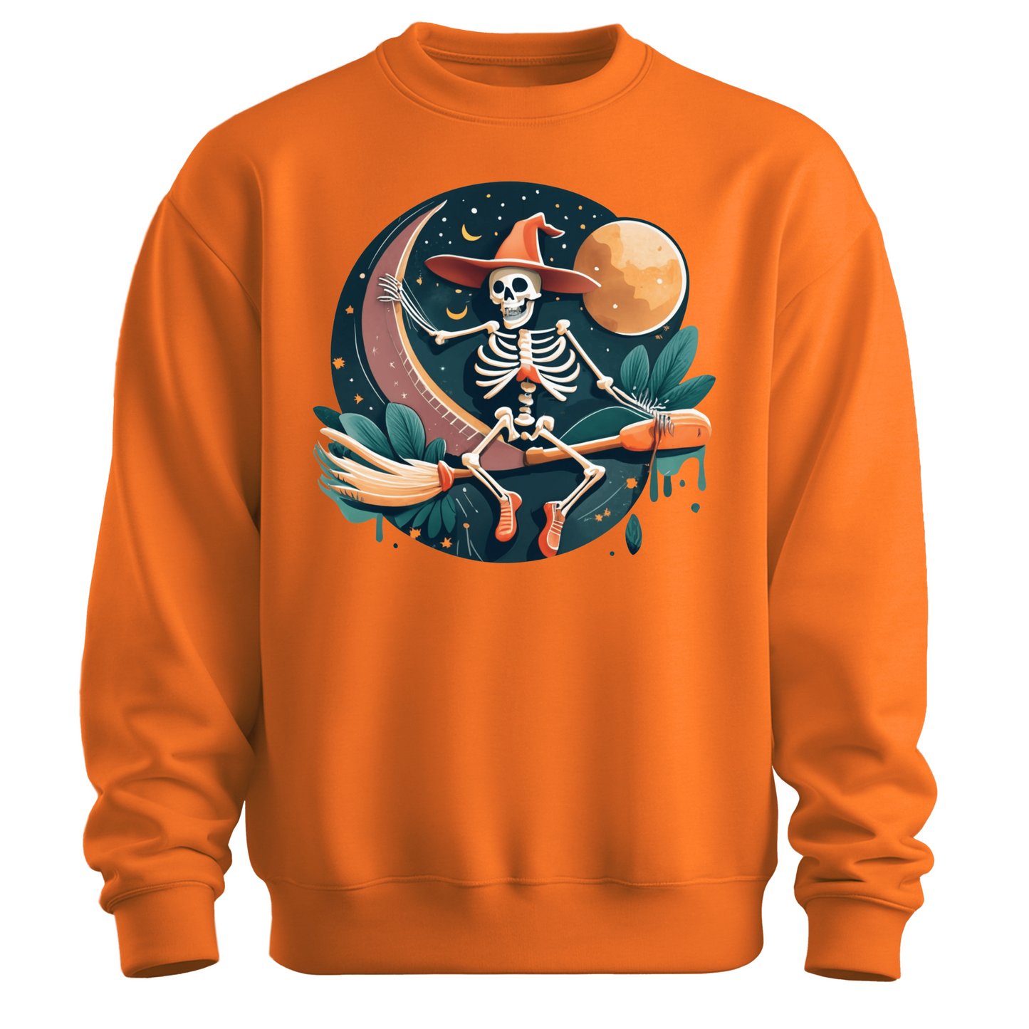 Orange halloween sweatshirt with a skeleton on a broomstick wearing a witch hat in the night time.