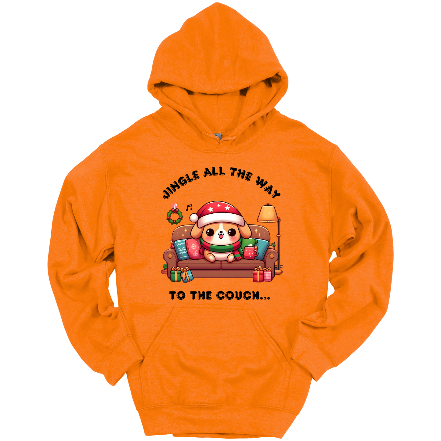 Orange hoodie with Christmas-themed design of a dog on a couch and text 'Jingle all the way to the couch'.
