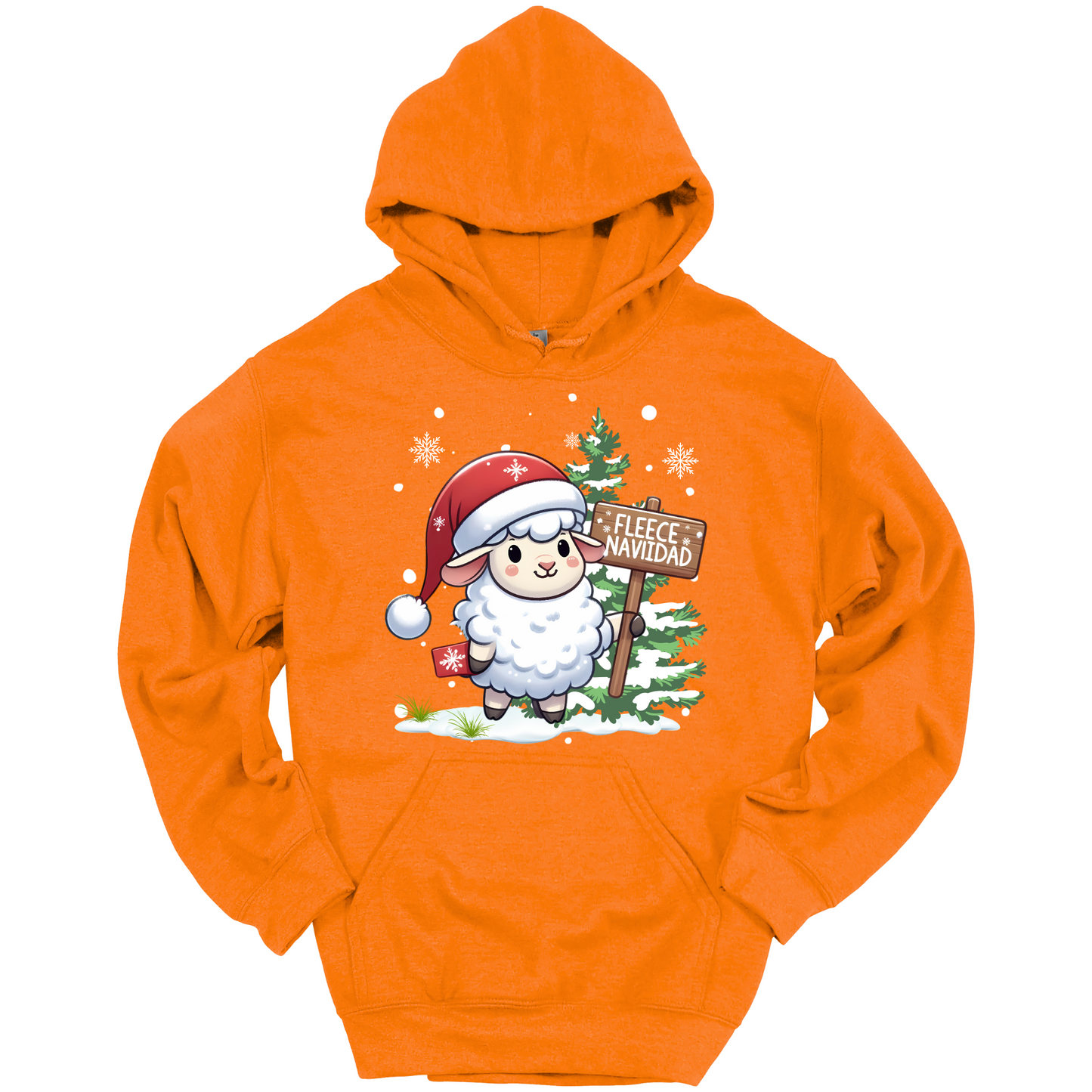 Orange Christmas hoodie with a Christmas-themed design featuring a sheep in a Santa hat and a sign.