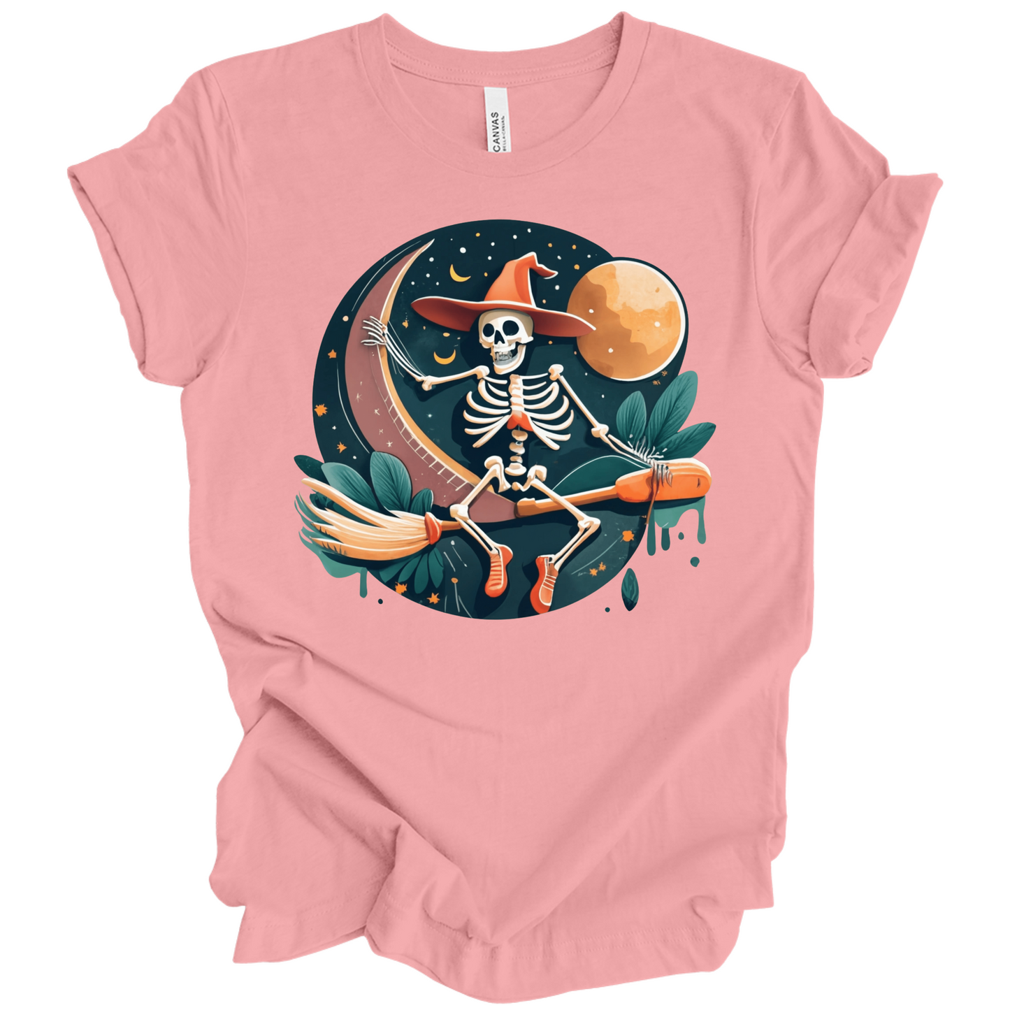 Pink halloween t-shirt with a skeleton on a broomstick wearing a witch hat in the night time.