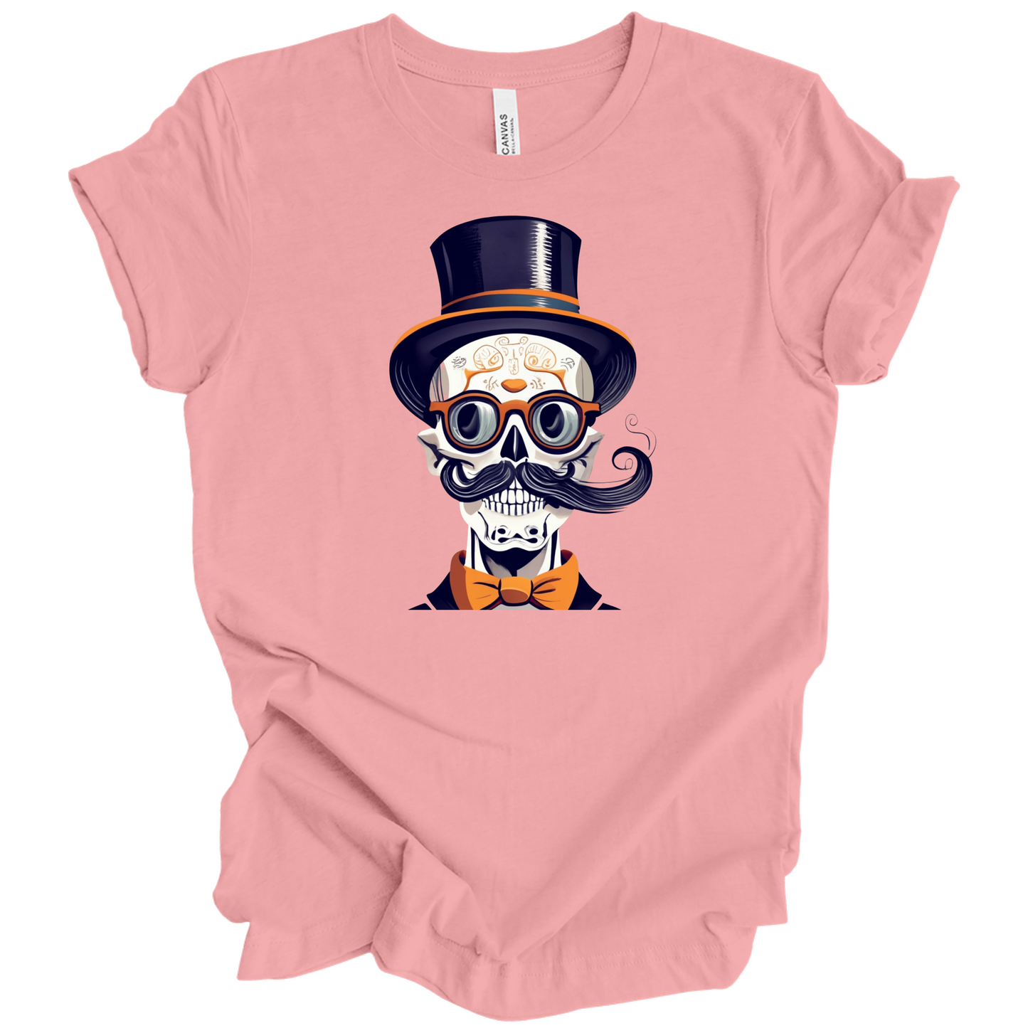 Pink halloween t-shirt with a skull wearing a top hat, glasses, and bow tie.