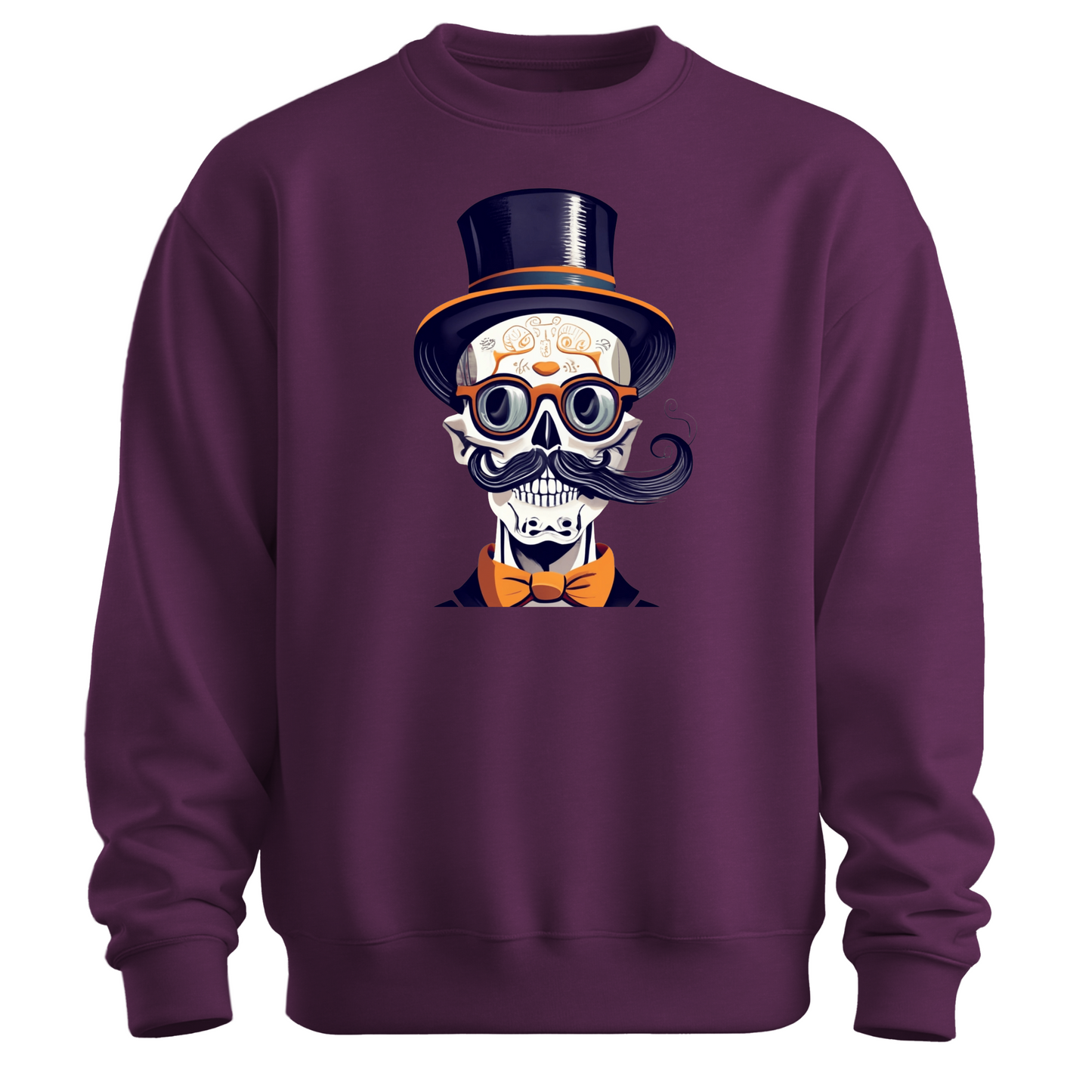 Purple halloween sweatshirt with a skull wearing a top hat, glasses and a bow tie.