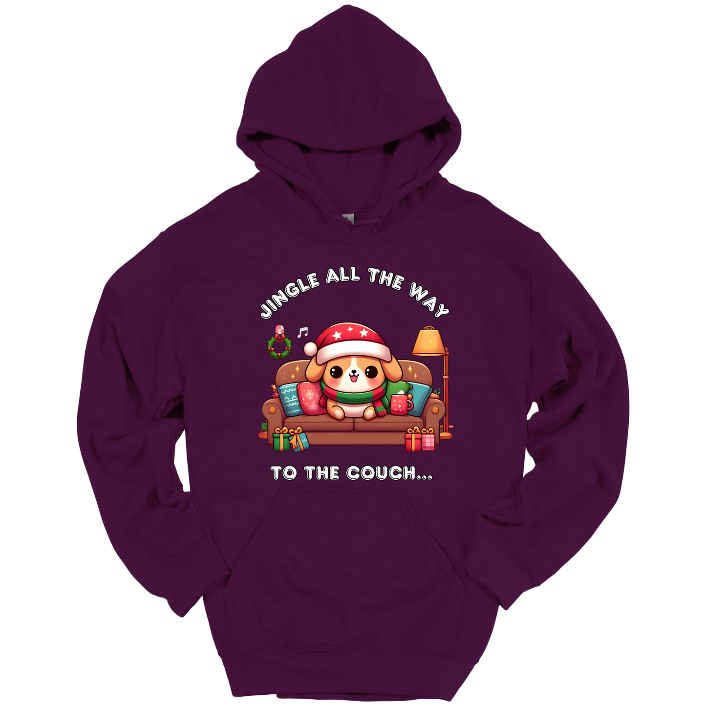 Purple hoodie with Christmas-themed design of a dog on a couch and text 'Jingle all the way to the couch'.