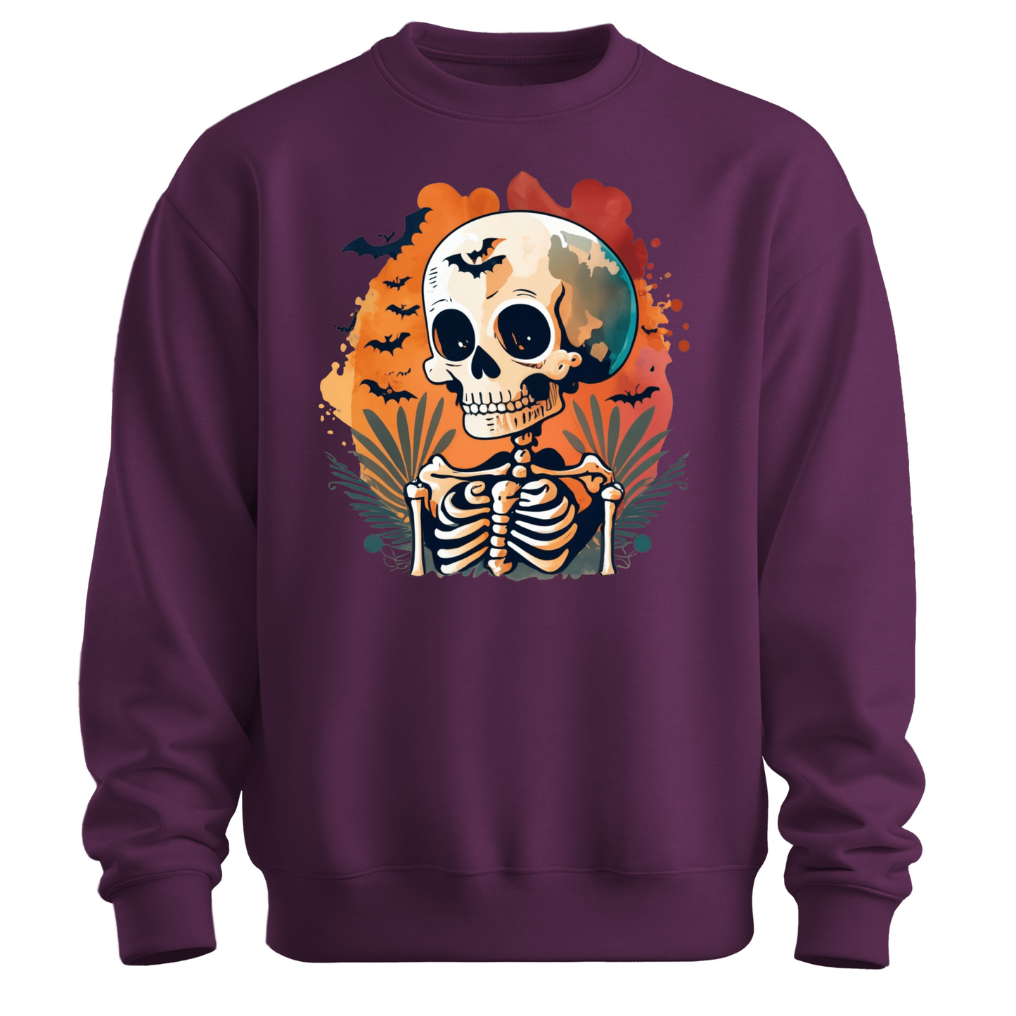 Purple sweatshirt with a Halloween-themed design featuring a skeleton and skull surrounded with bats.