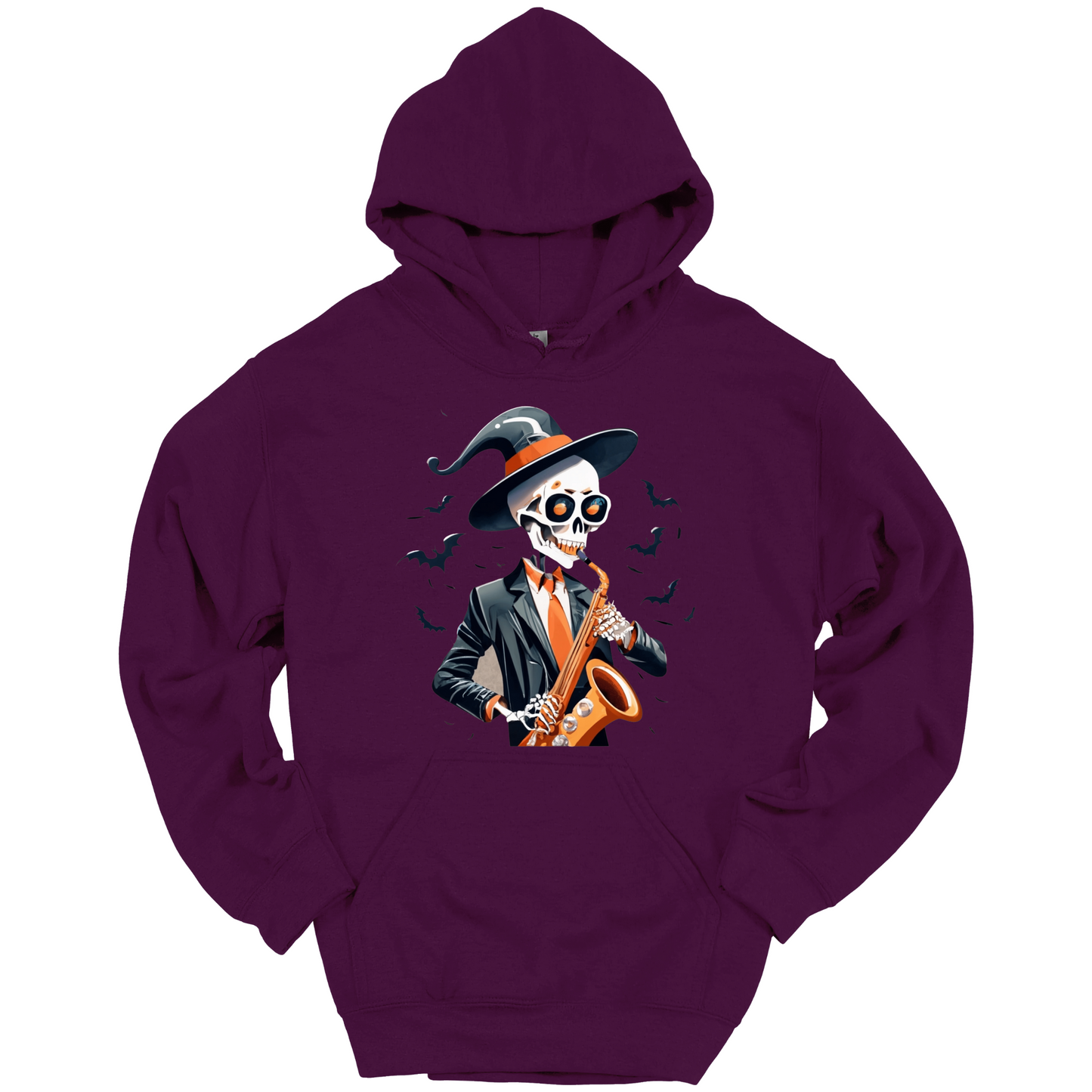 Purple halloween hoodie with a skeleton playing a saxophone and wearing a witch hat, surrounded by bats.