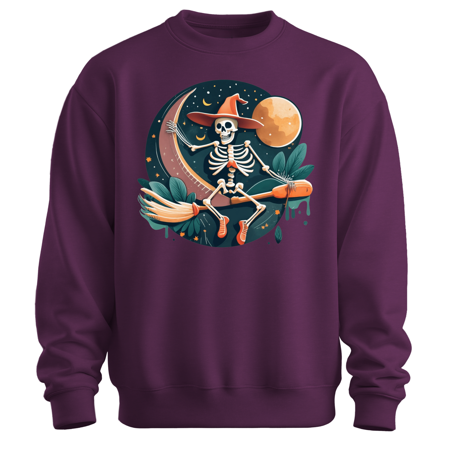 Purple halloween sweatshirt with a skeleton on a broomstick wearing a witch hat in the night time.