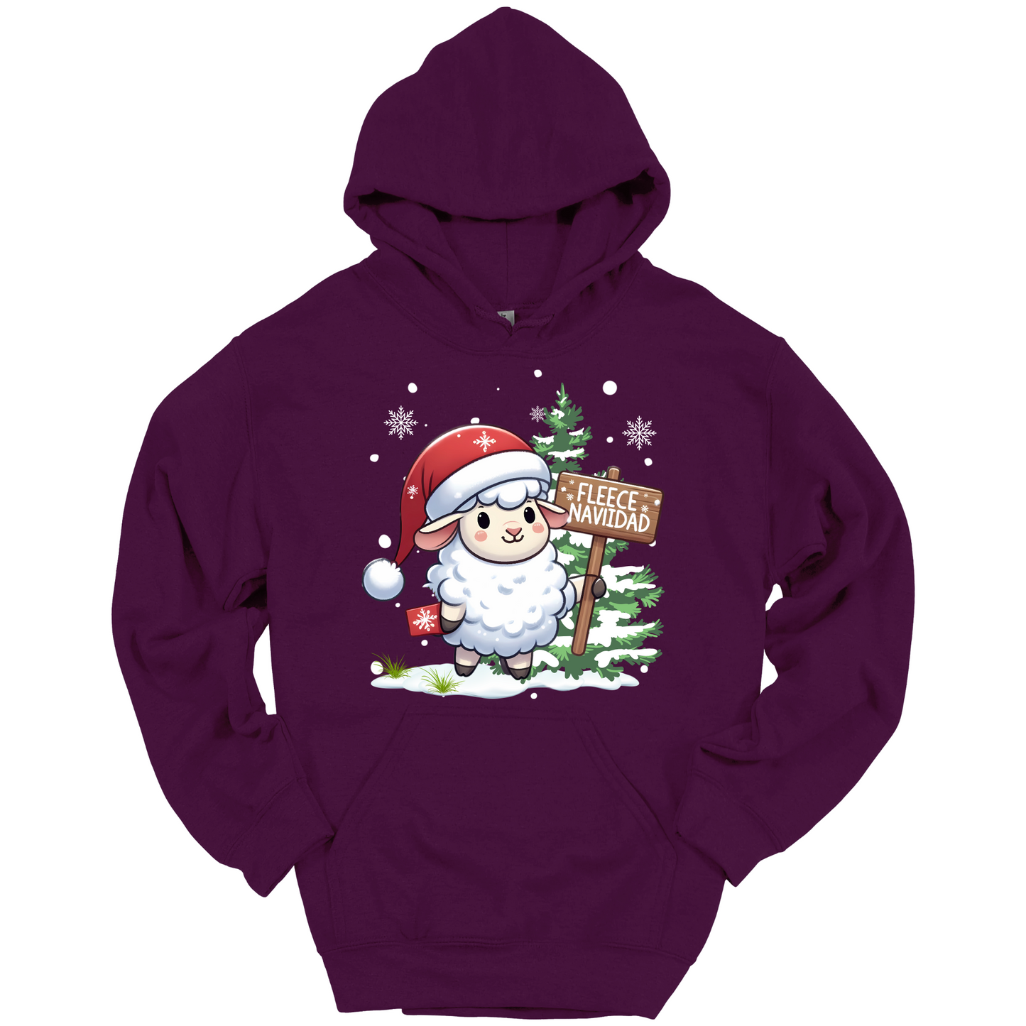 Purple Christmas hoodie with a Christmas-themed design featuring a sheep in a Santa hat and a sign.