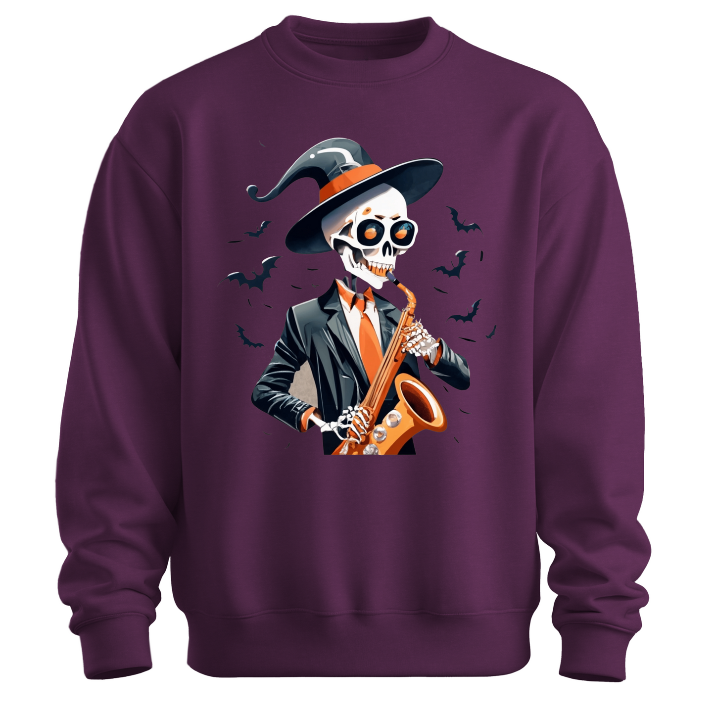 Purple halloween sweatshirt with a skeleton playing a saxophone and wearing a witch hat, surrounded by bats.