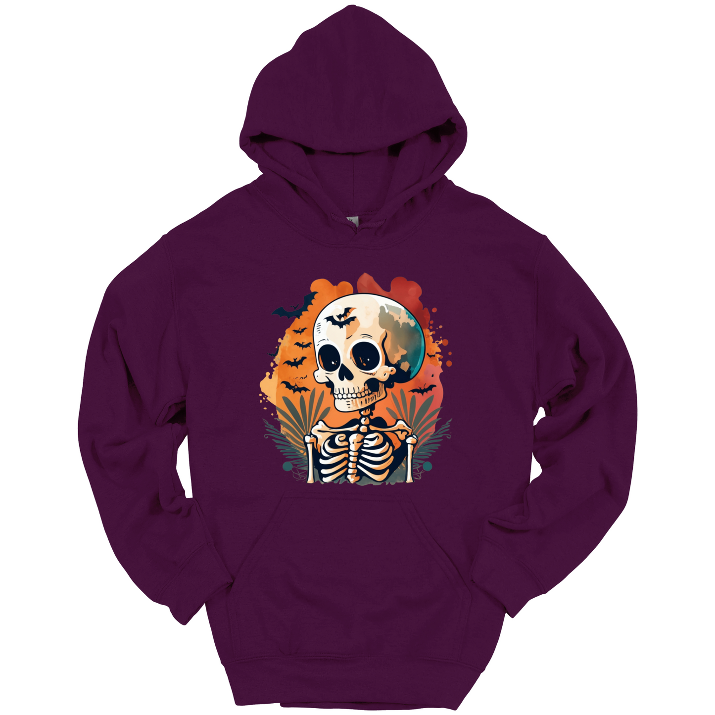 Purple hoodie with a Halloween-themed design featuring a skull and skeleton surrounded with bats.