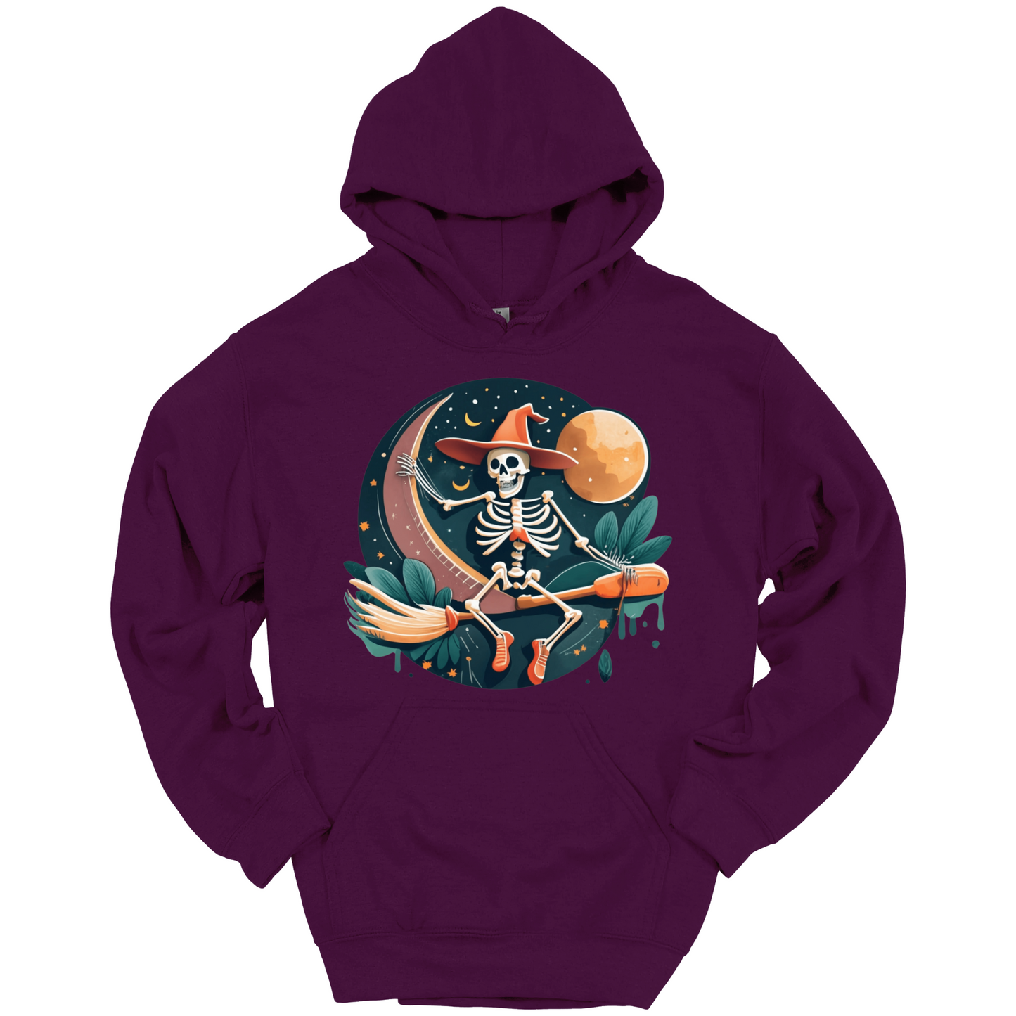 Purple halloween hoodie with a skeleton on a broomstick wearing a witch hat in the night time.