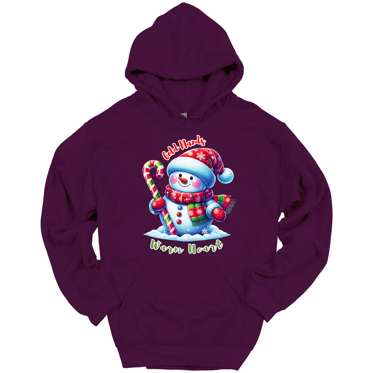 Purple Christmas hoodie with a snowman graphic with a text "Cold Hands Warm Hearts"