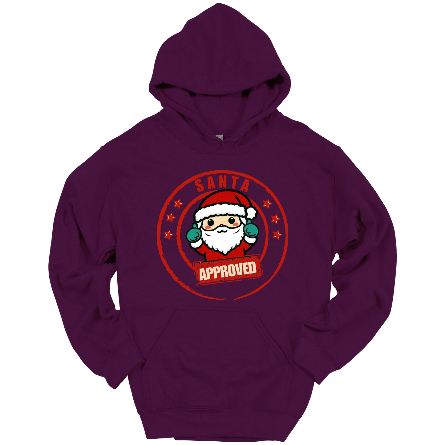 Purple Christmas hoodie with a Santa Claus graphic and 'Approved' text.