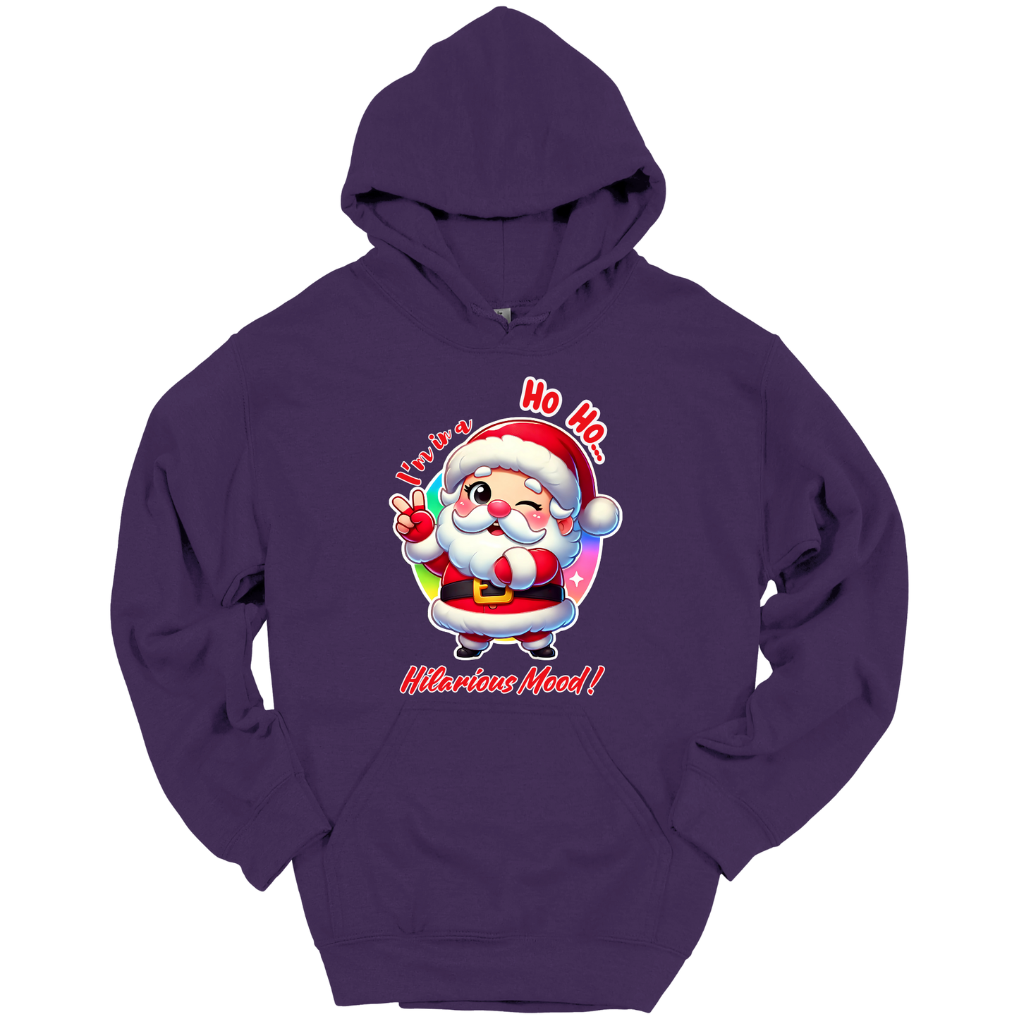 Purple Christmas hoodie with a cartoon Santa Claus design